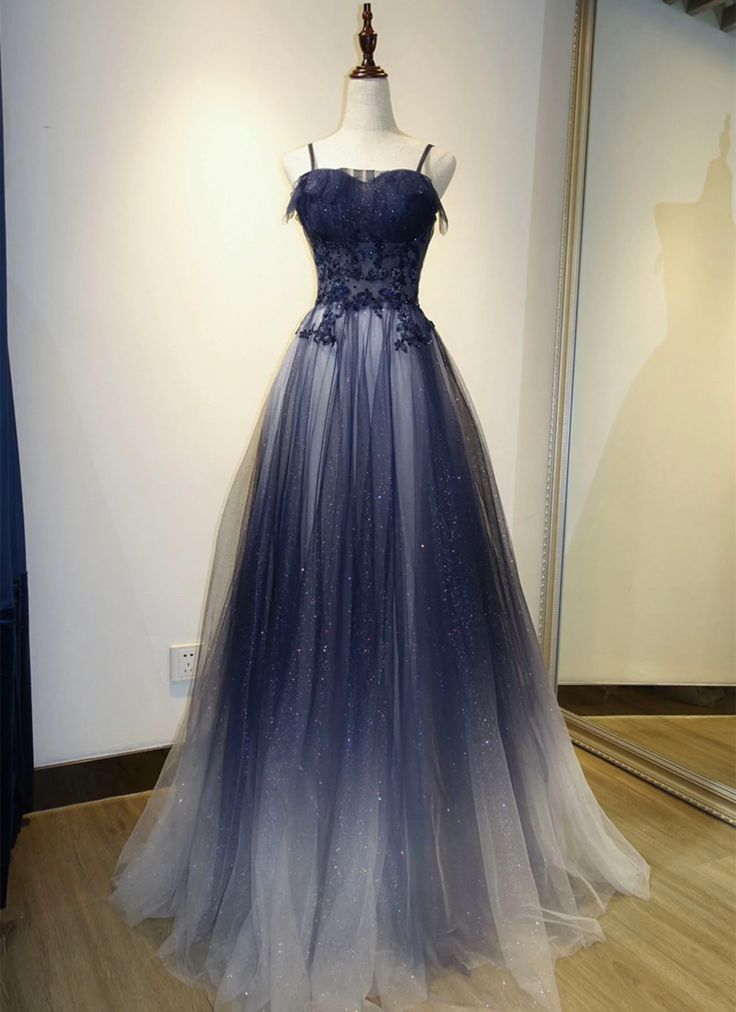 Elegant Navy Gradient A-Line Tulle Long Formal Prom Dresses for Women - Perfect for Homecoming, Evening Gala & Special Occasions - Style J2639