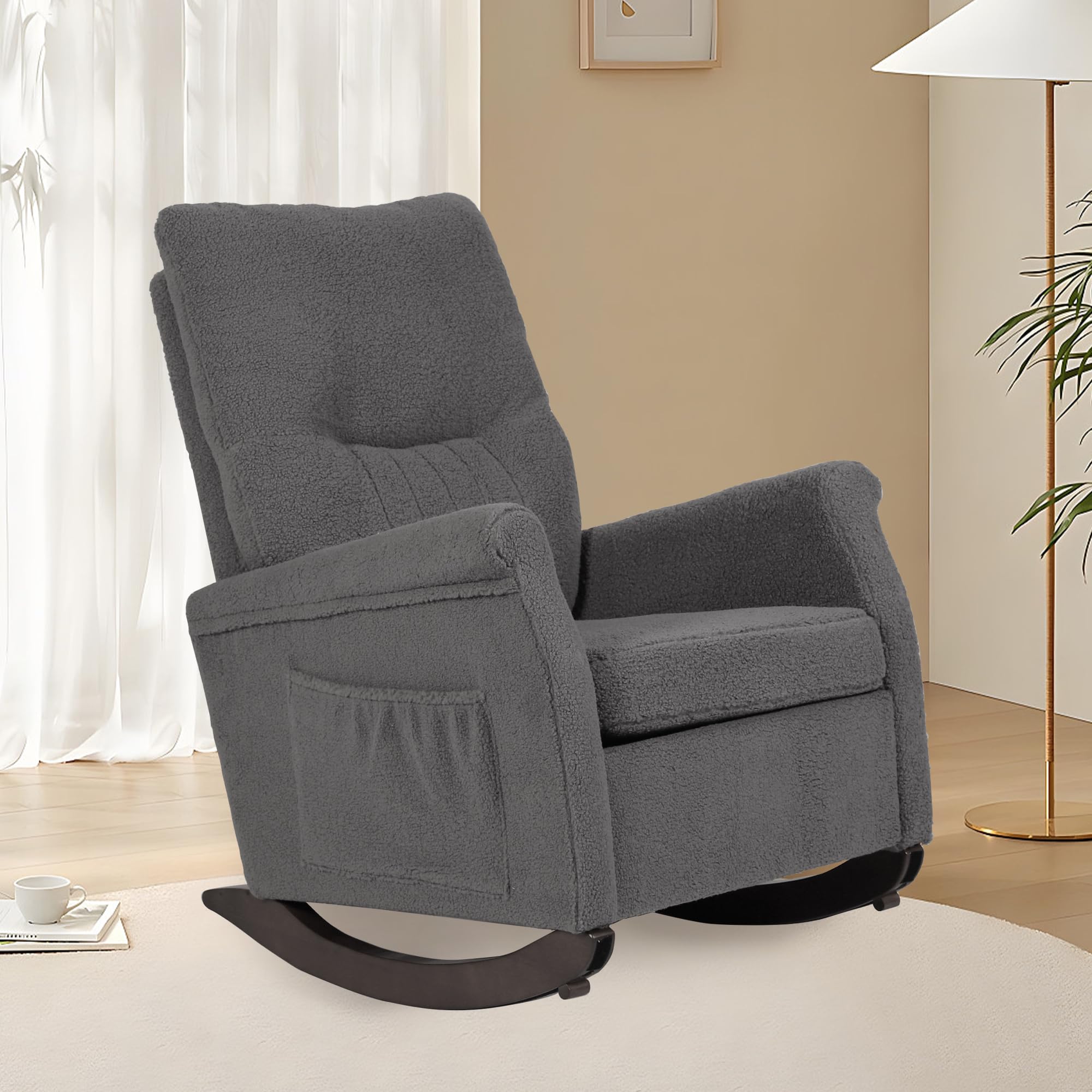 **Nursing Rocking Chair for Mom - High Back Teddy Rocker Glider, Comfortable Nursery Chair for Breastfeeding & Reading - Perfect for Living Room, Bedroom, Nursery (Grey)**