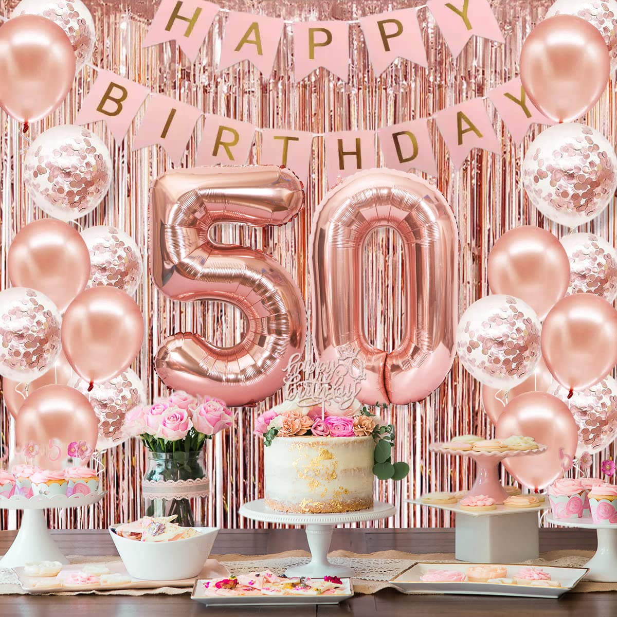 50th Birthday Party Decorations for Women - Rose Gold Happy 50th Birthday Banner, Crown, Sash, Cake Topper & Number Balloons Set - Perfect for Milestone Celebrations, Surprise Parties & Photo Backdrops