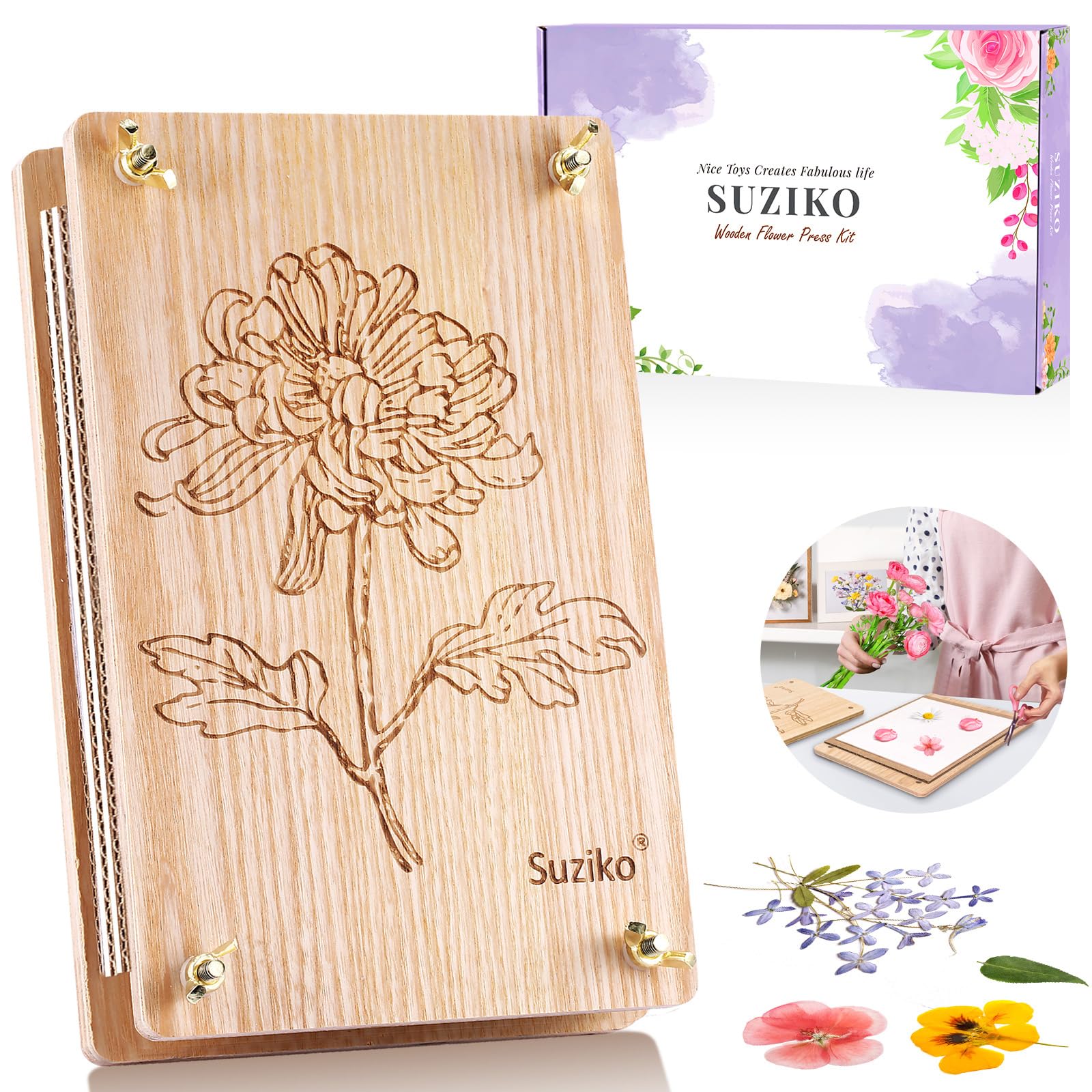 Suziko 10.8 x 6.9 Inch Large Flower Press Kit for Adults & Kids - Botanical Press for Flower & Leaf Preservation - DIY Arts & Crafts Kit - Perfect Gift for Nature Lovers & Crafters - Ideal for Scrapbooking, Home Decor & Nature Projects