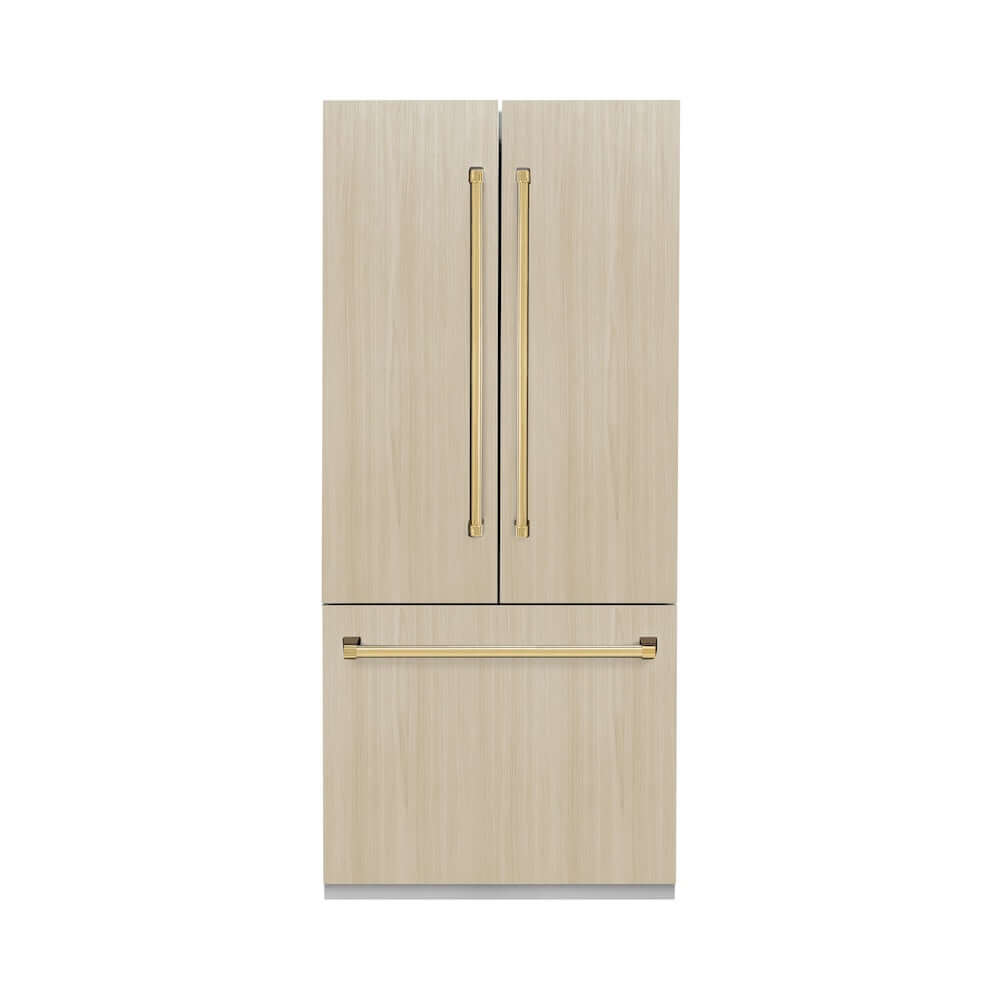 ZLINE Autograph Edition 36 Inch Panel Ready French Door Built-In Refrigerator - 19.6 cu ft Capacity, Water Dispenser & Ice Maker, Graphite Gray Interior with Polished Gold Accents (GRBIVZ 36 G) - Perfect for Luxury Kitchens and Modern Home Design