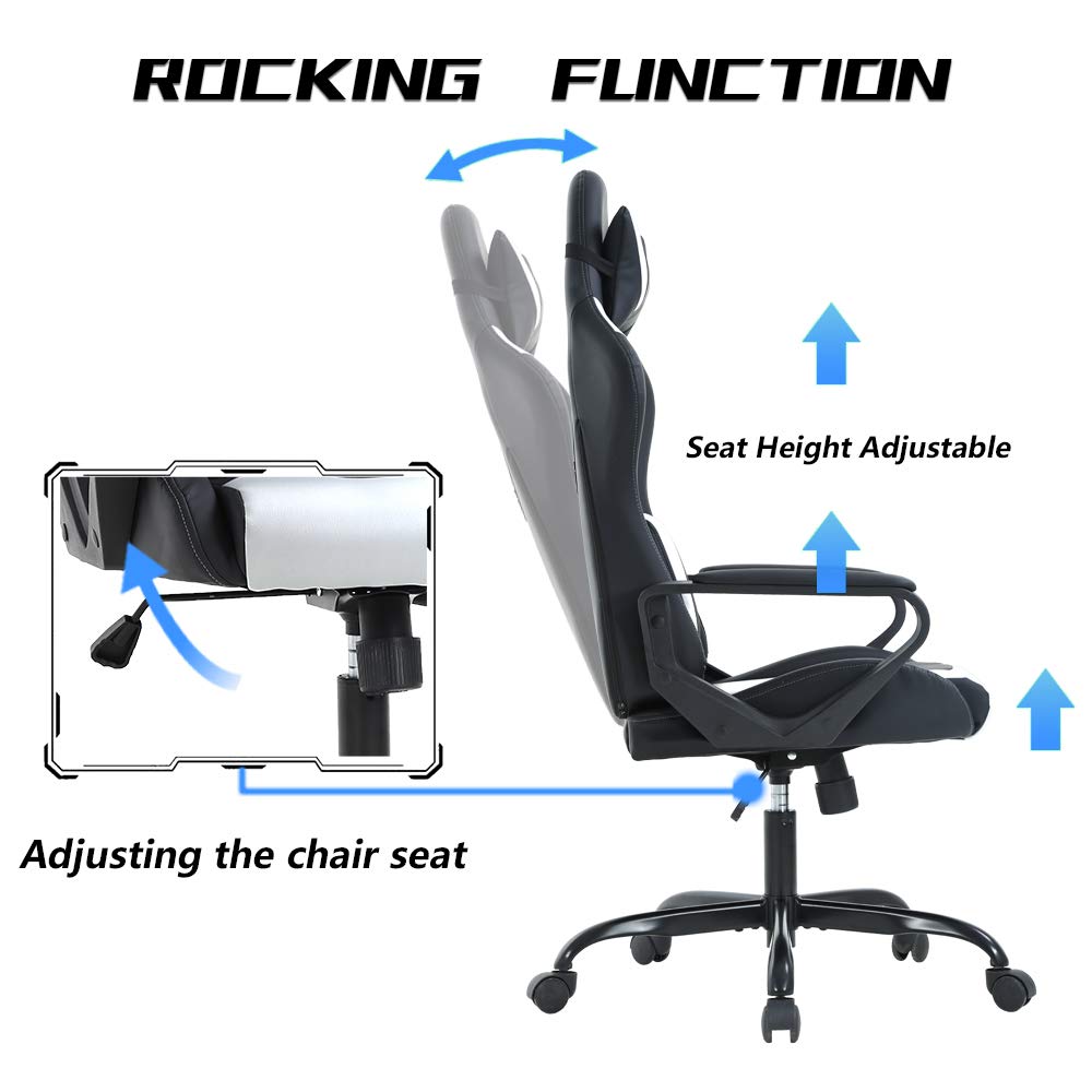 Racing Style Gaming Chair - Ergonomic High Back Office Chair with Adjustable Headrest & Lumbar Support - White Leather Computer Desk Chair for Gaming, Work & Home Office Use