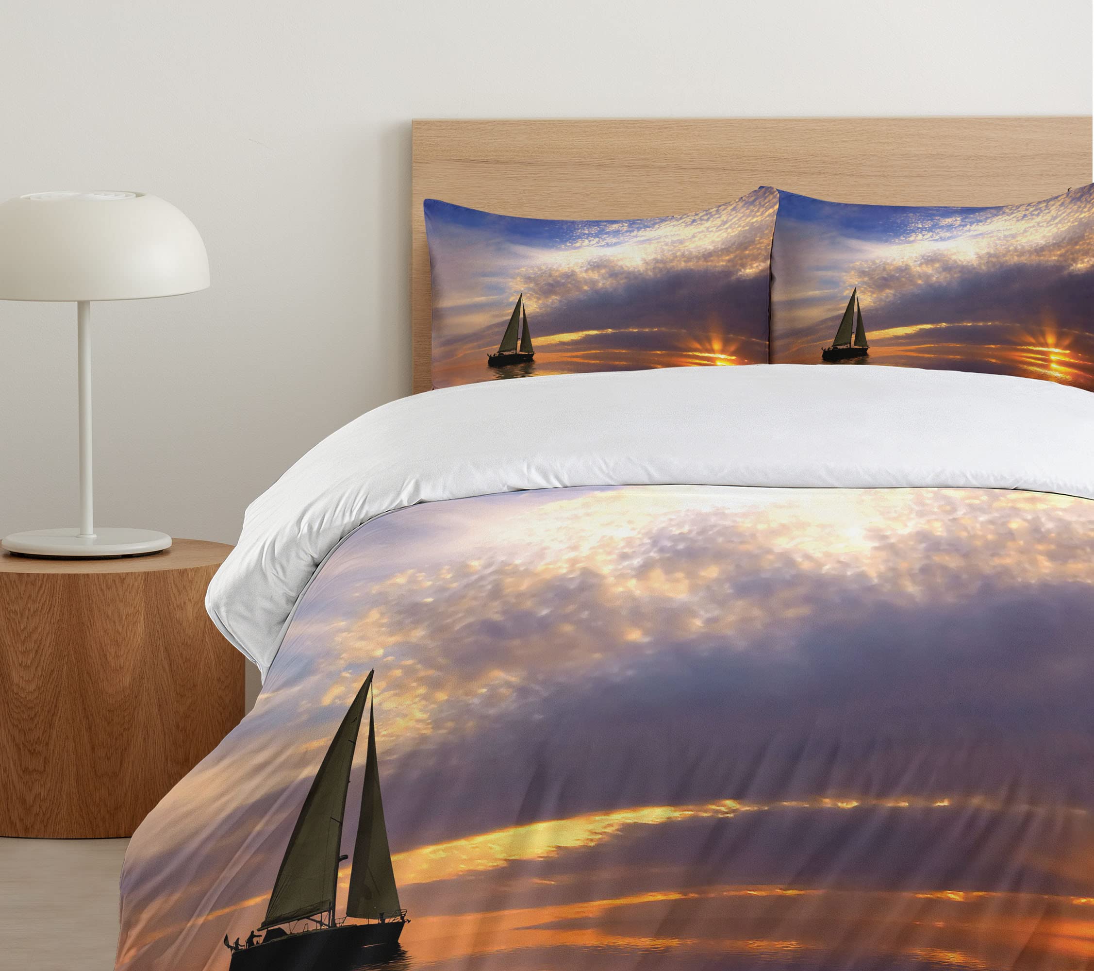 Ambesonne Sailboat Duvet Cover Set - Queen Size 3 Piece Bedding with 2 Pillow Shams | Nautical Themed Marigold Blue Grey Design | Perfect for Beach House Decor, Romantic Honeymoon Bedroom & Coastal Inspired Home Styling