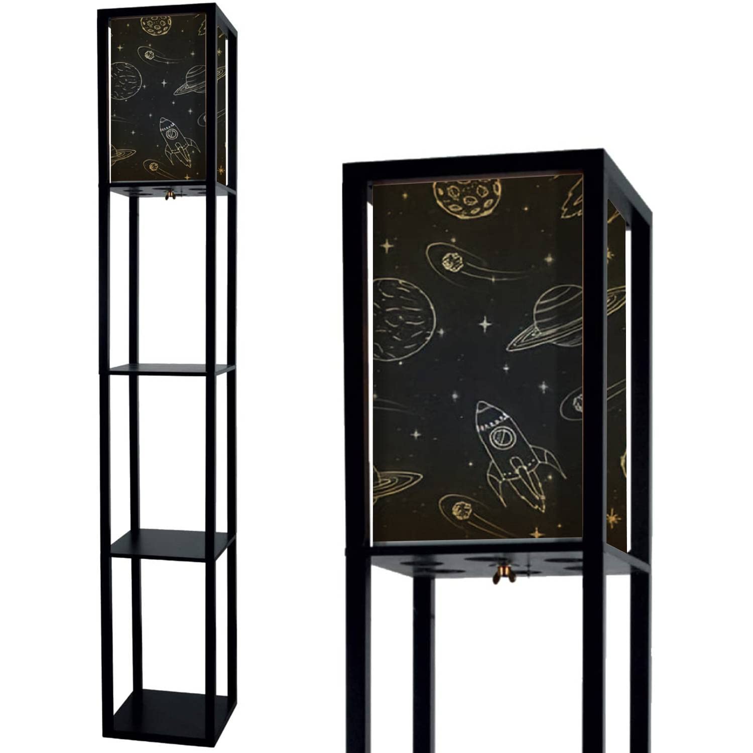 Handmade Seamless Solar System Floor Lamp with Jupiter, Mars, Saturn & Neptune Design - Adjustable Standing Lamp with Shelves & Flaxen Fabric Shade - Tall Corner Lamp for Living Room, Bedroom Decor | Perfect for Astronomy Lovers' Home Office & Reading Nook
