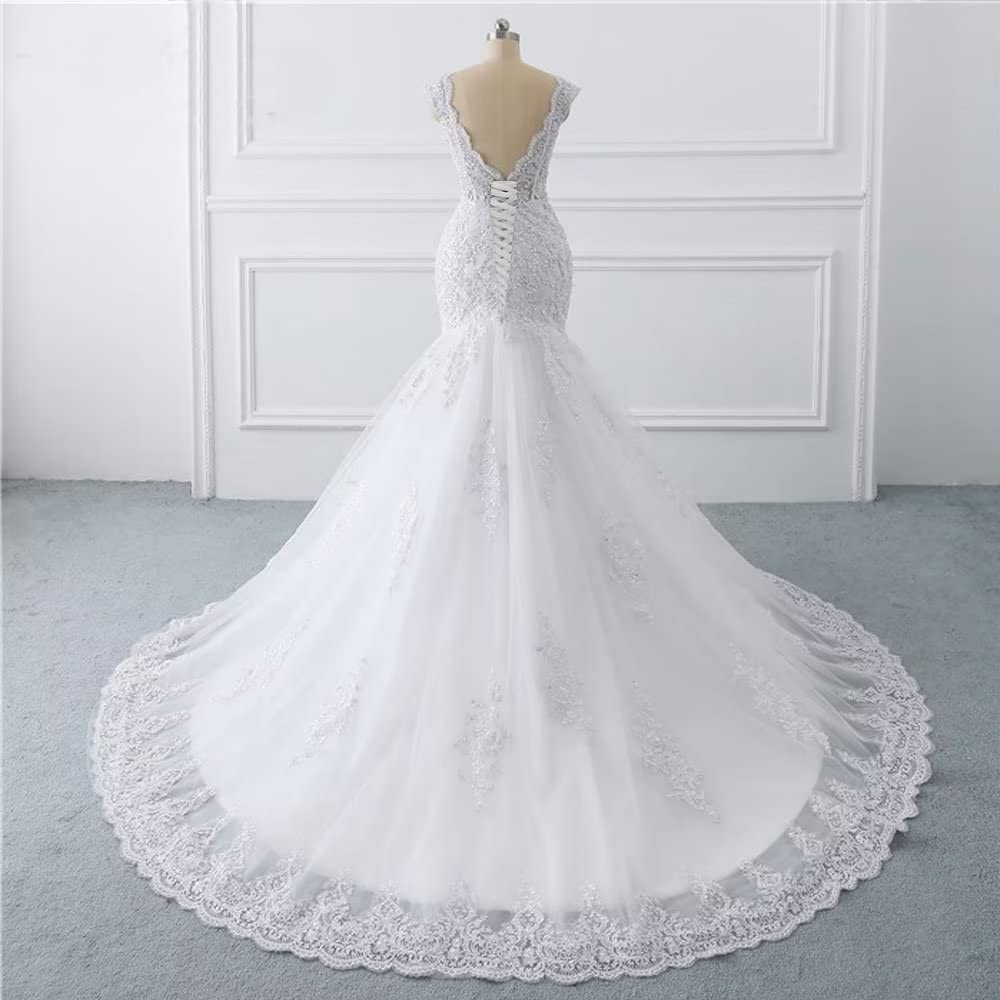 XYAYE V Neck Mermaid Wedding Dress for Bride - Sparkling Sequins & Lace Applique Tulle Bridal Gown with Train | Elegant Beach, Church & Formal Wedding Ceremony Attire