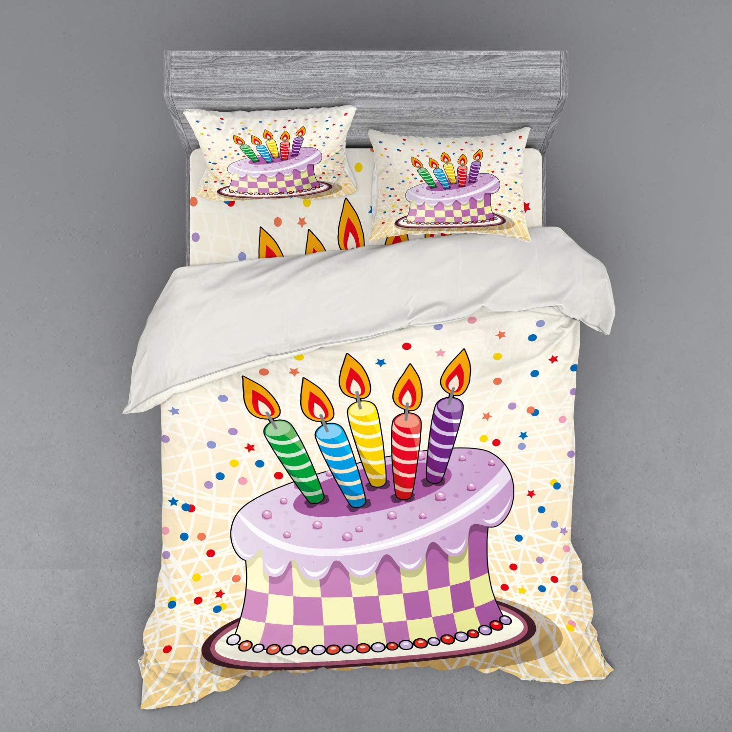 Ambesonne Birthday Bedding Set - Retro Cake & Candles Design with Polka Dots, Stars & Stripes - 4 Piece Queen Size Duvet Cover Set with Shams & Fitted Sheet - Perfect for Birthday Parties & Themed Bedroom Decor