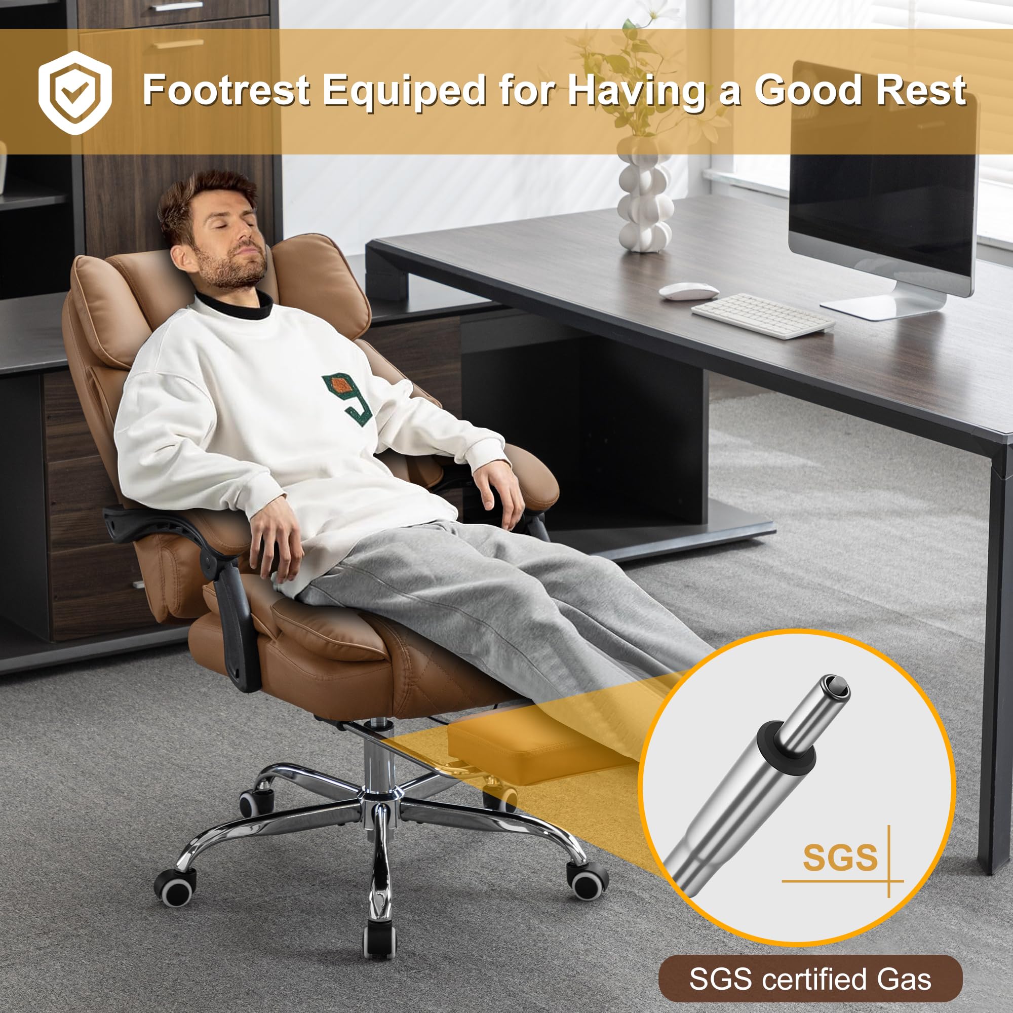 Premium Heated Kneading Massage Executive Office Chair - 90-135° Reclining with Footrest - Ergonomic Computer Desk Chair with Lumbar Support - Diamond-Stitched Leather Office Chair (Brown) - Perfect for Home Office, Gaming & Relaxation
