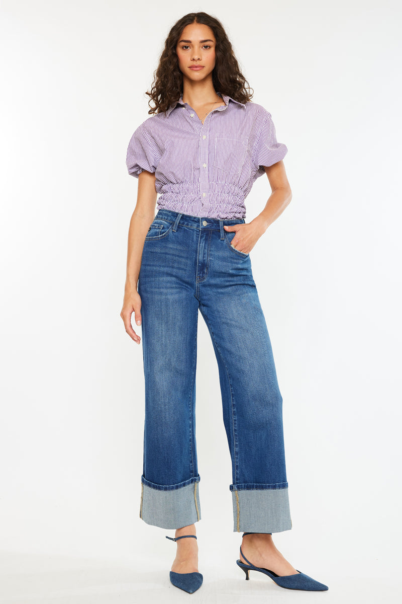 Delia Essentials High Rise Crop Wide Leg Jeans for Women - Trendy Distressed Denim Pants, Comfortable Stretch Fit - Perfect for Casual Outfits, Streetwear & Boho Style