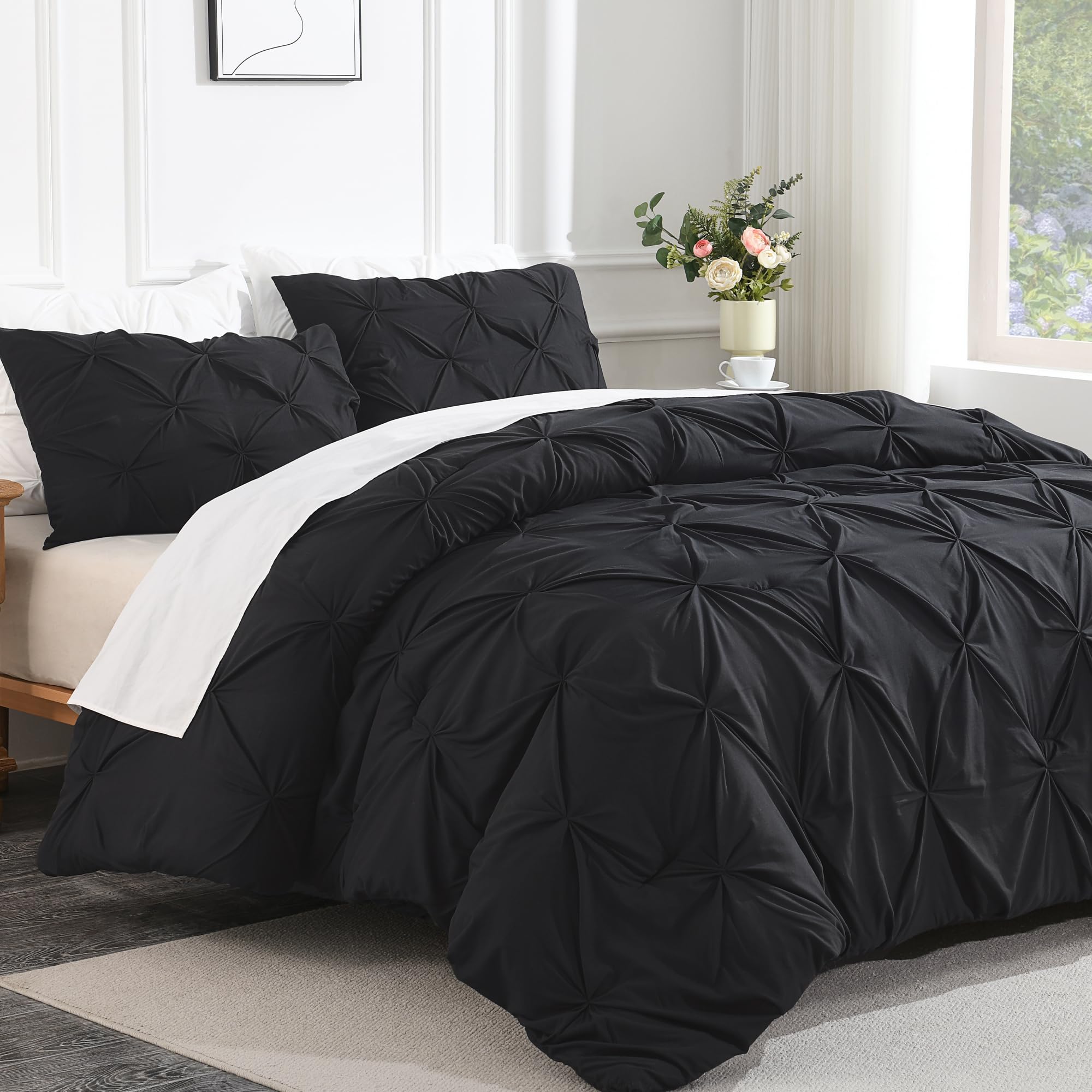 Andency Black Pinch Pleat Comforter Twin Set (66x90 Inch) - 2 Piece Microfiber All Season Down Alternative Bedding with Pintuck Design & Pillowcase - Perfect for Guest Rooms, Dormitories & Cozy Bedroom Decor