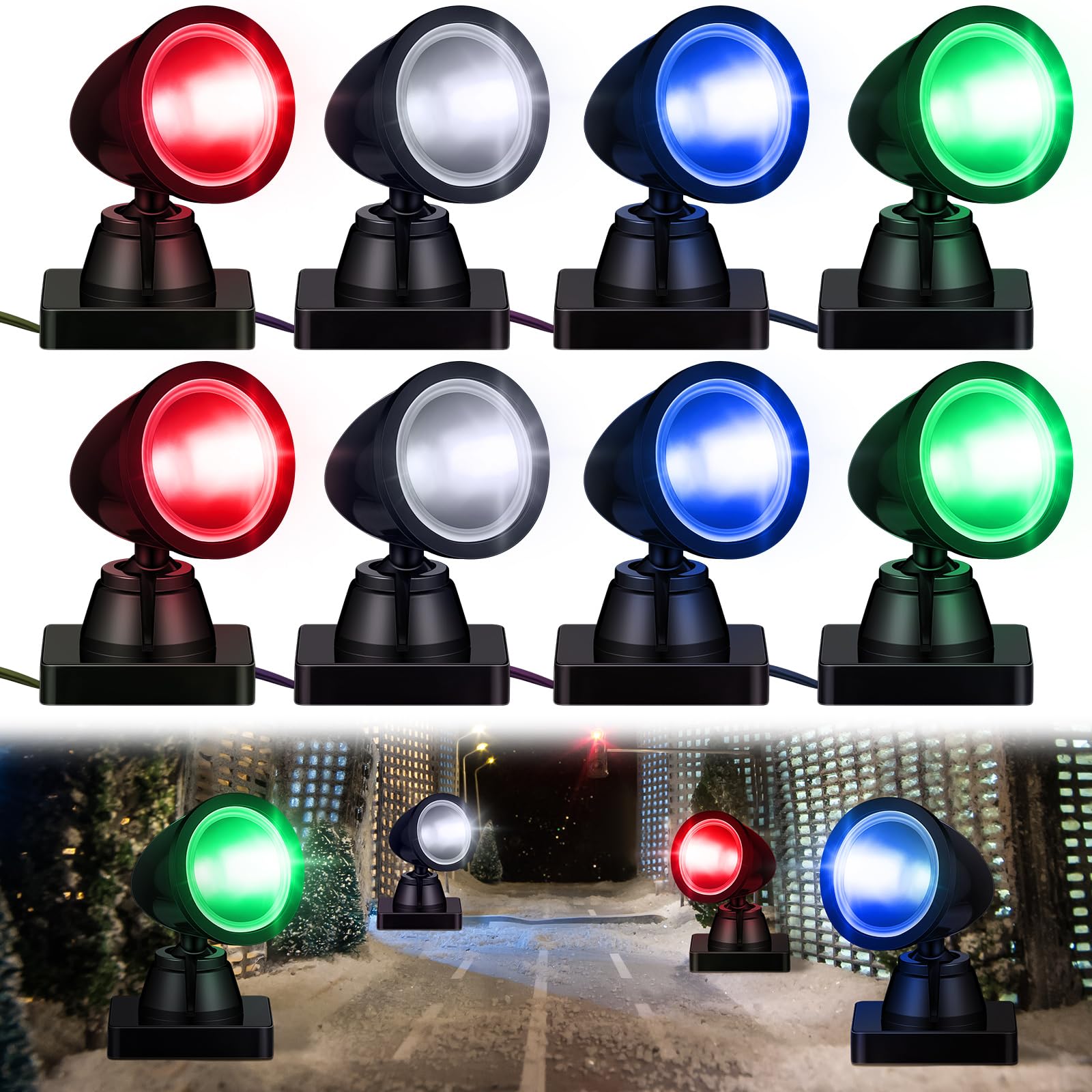 Kingdder 4-in-1 LED Christmas Village Light Set - 8 Multicolor Battery Operated Round Spotlights with Switch for Holiday Village Displays, Winter Wonderland Scenes & Christmas Tree Decorations