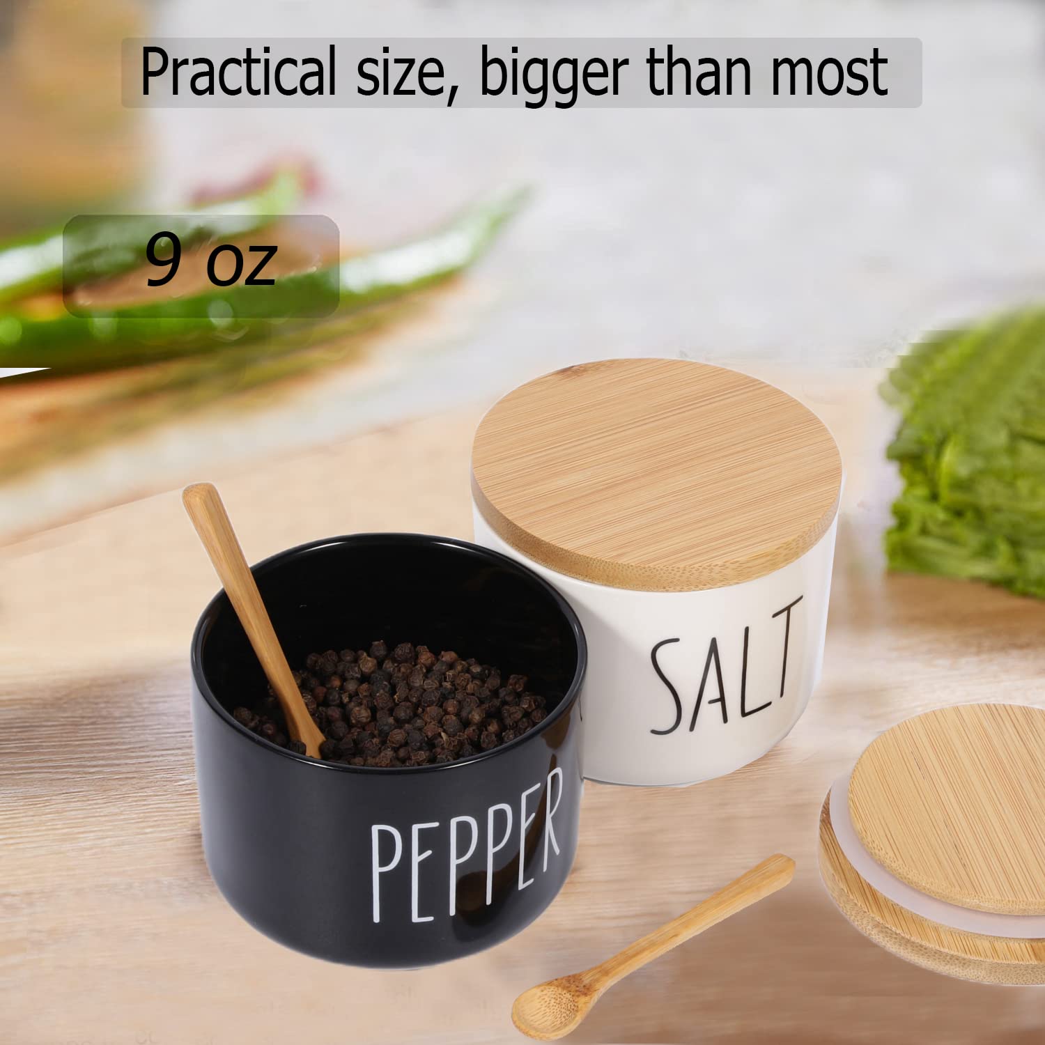 Farmhouse Salt and Pepper Bowls Set - Stackable Ceramic Salt Cellar with Bamboo Lid - Airtight Salt Container with Spoon - Modern Farmhouse Kitchen Decor for Dining Table & Countertop - Spice Storage Box (Black & White) - Perfect for Cooking, Baking & Seasoning Dishes