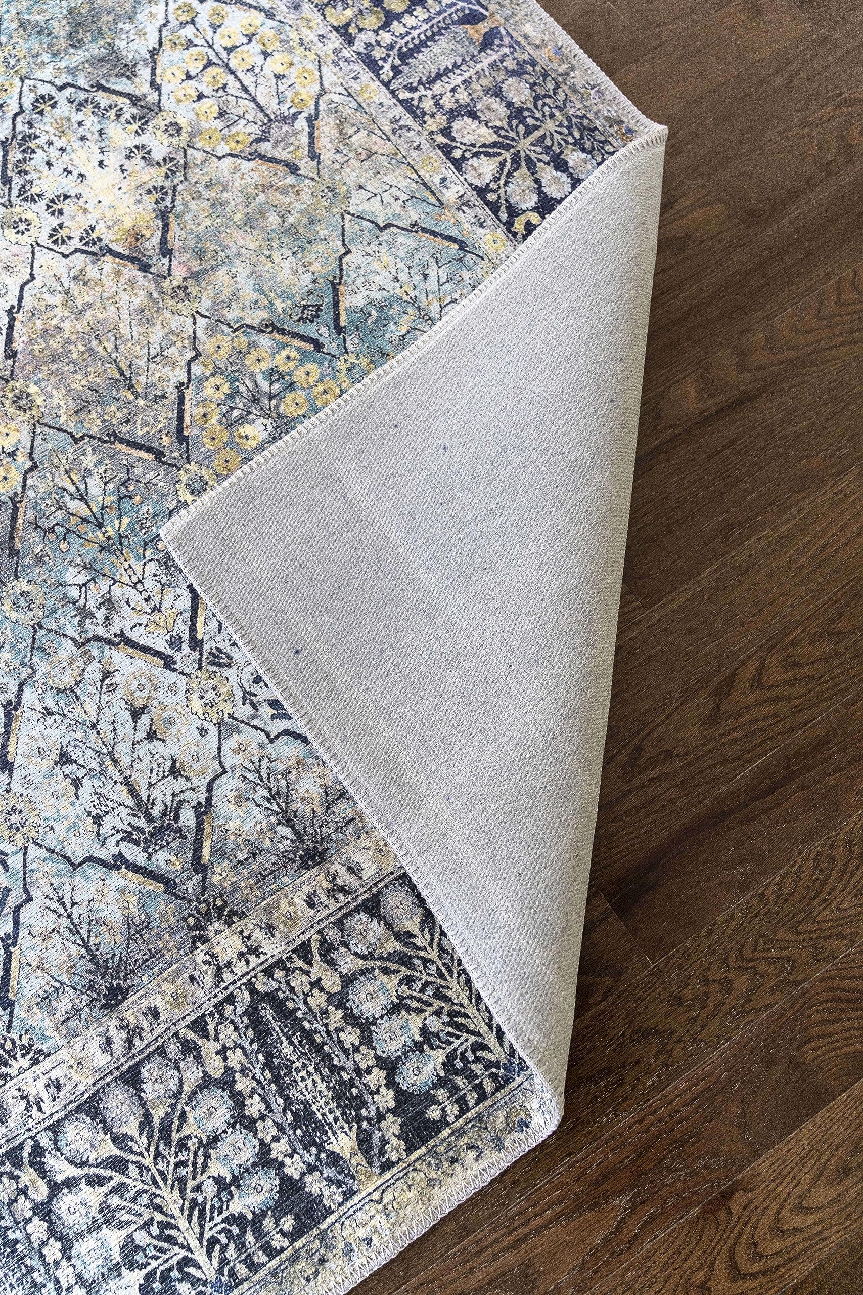 Softwoven 8x10 Machine Washable Cotton Area Rug - Non-Slip, Stain Resistant & Pet Friendly - Vintage Navy & Light Blue Design for Living Room, Bedroom & Hallway - Perfect for High Traffic Areas & Family Homes