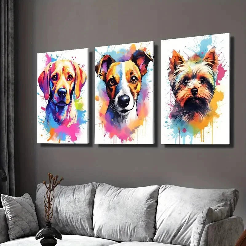 3-Piece Vibrant Dog Portrait Canvas Wall Art Set - Adorable Puppies Framed Print 40x60cm | High Quality Australian Made | Ready to Hang | Perfect for Living Room, Bedroom & Pet Lover Gifts