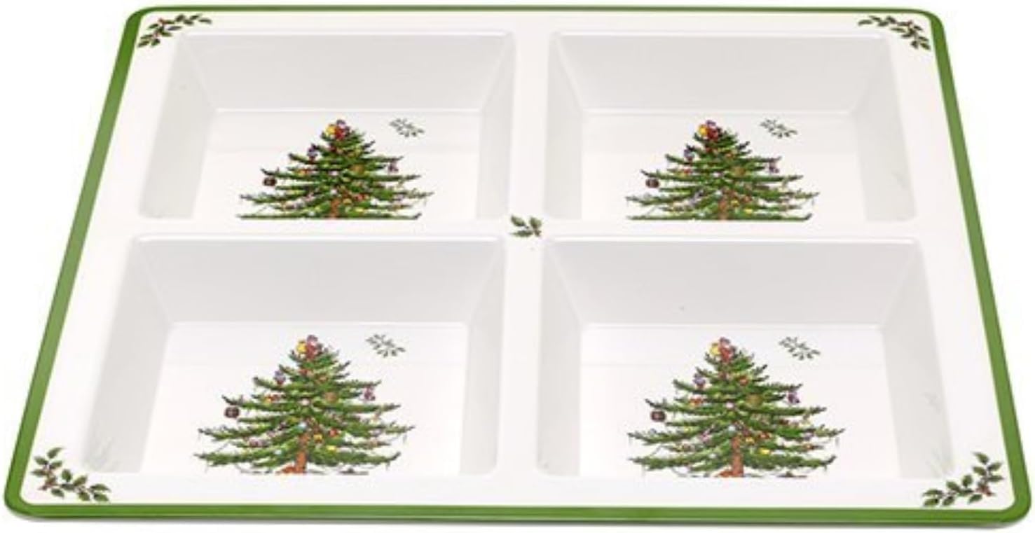 Spode Christmas Tree Melamine 4-Section Serving Tray - 13.5 Inch Divided Holiday Serveware for Nuts, Candy & Condiments - Festive Tableware for Christmas Parties, Family Gatherings & Holiday Entertaining - Durable Indoor/Outdoor Use