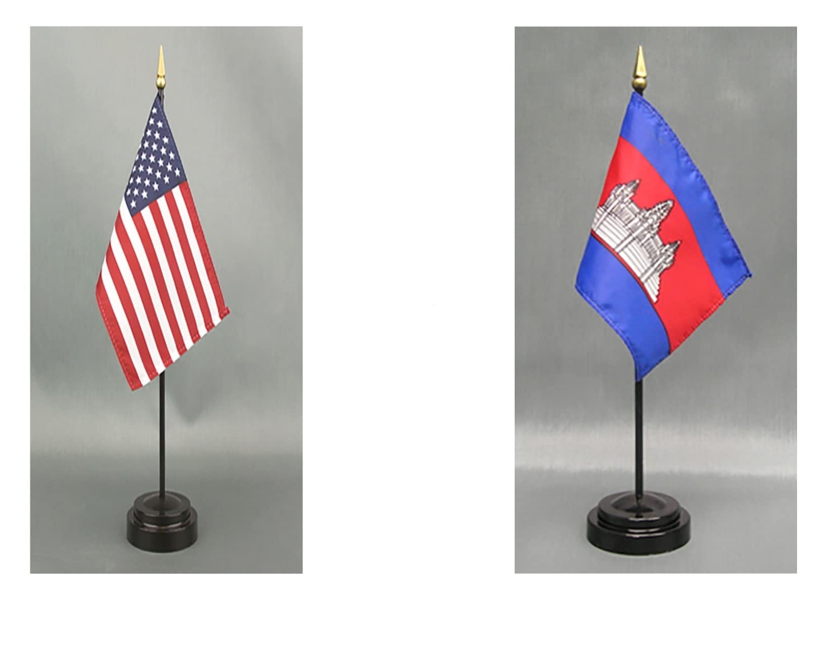 American Made Cambodia Desk Flag Set - 4x6 inch Rayon Office Desk & Hand Waving Table Flags with 2 Stands (US & Cambodia Flags) - Perfect for Office Decor, International Events, and Cultural Displays