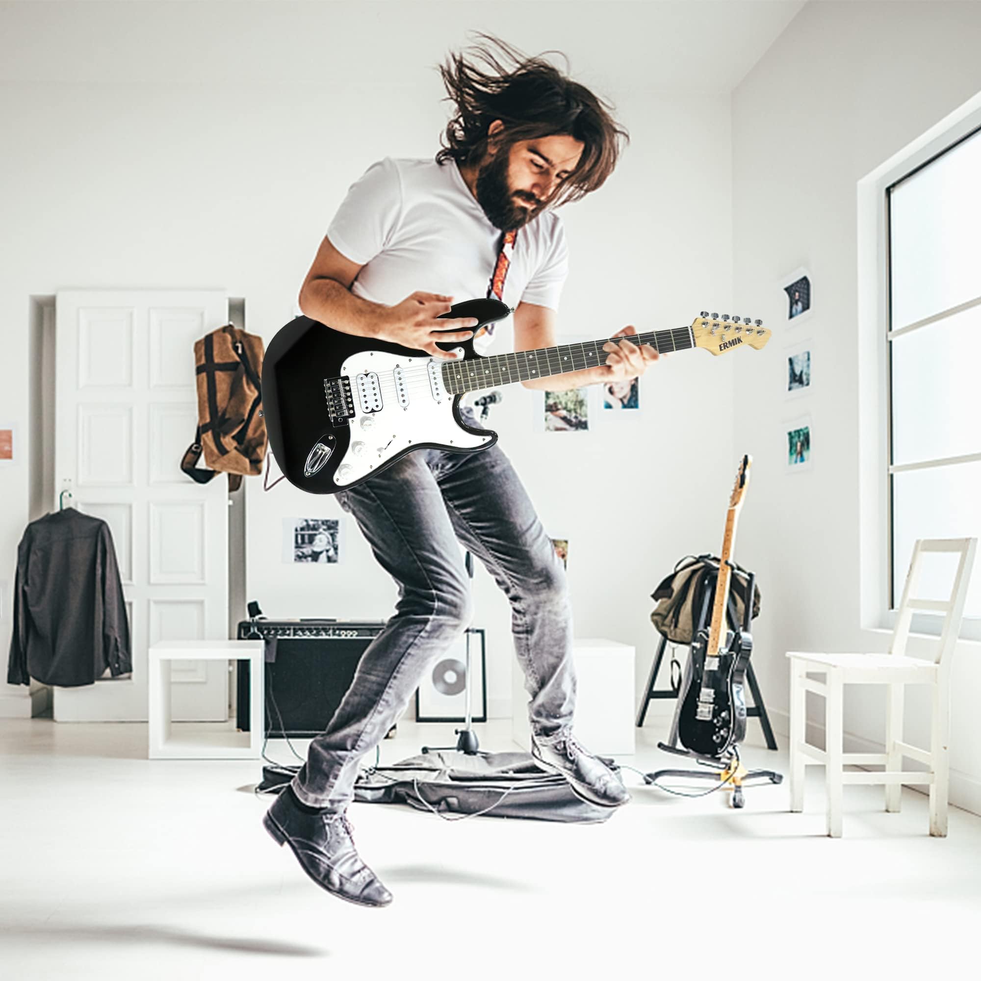 **Ermik Solid Body Electric Guitar Kit with 20W Amp, HSS Pickups, Strings, Strap, Digital Tuner, Picks, Gig Bag, Cable & Tremolo Bar – 39