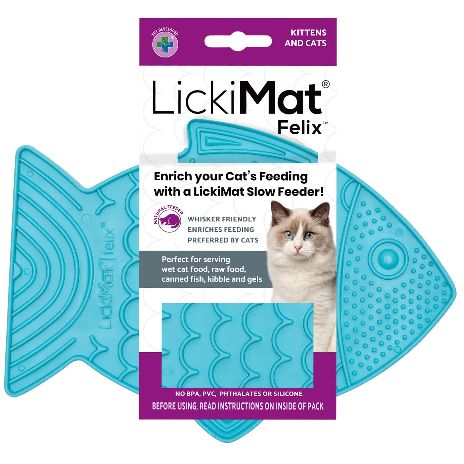 LickiMat Felix Fish-Shaped Cat Slow Feeder Lick Mat - Anxiety Relief & Boredom Reducer for Cats | Perfect for Wet Food, Treats, Yogurt & Peanut Butter | Fun Alternative to Slow Feed Bowls | Turquoise Pet Feeding Mat | Great for Grooming, Mealtime & Stress Relief
