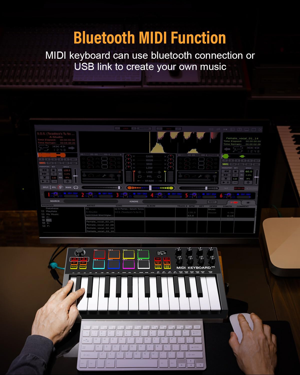 25-Key Rechargeable MIDI Keyboard Controller with 8 Backlit Drum Pads & 8 Knobs - OLED Display, DAW Integration for Music Production - Perfect for Home Studios, Live Performances & Beat Making