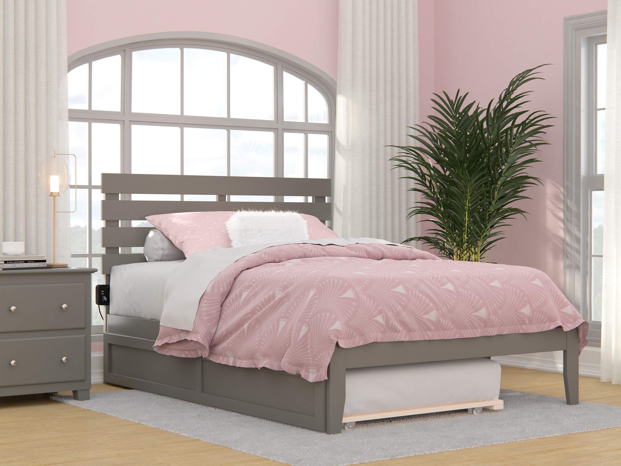 AFI Oxford Full Bed Frame with USB Turbo Charger & Twin Trundle - Grey Modern Platform Bed for Guest Rooms & Small Spaces | Fast Charging Station | Space-Saving Storage Solution