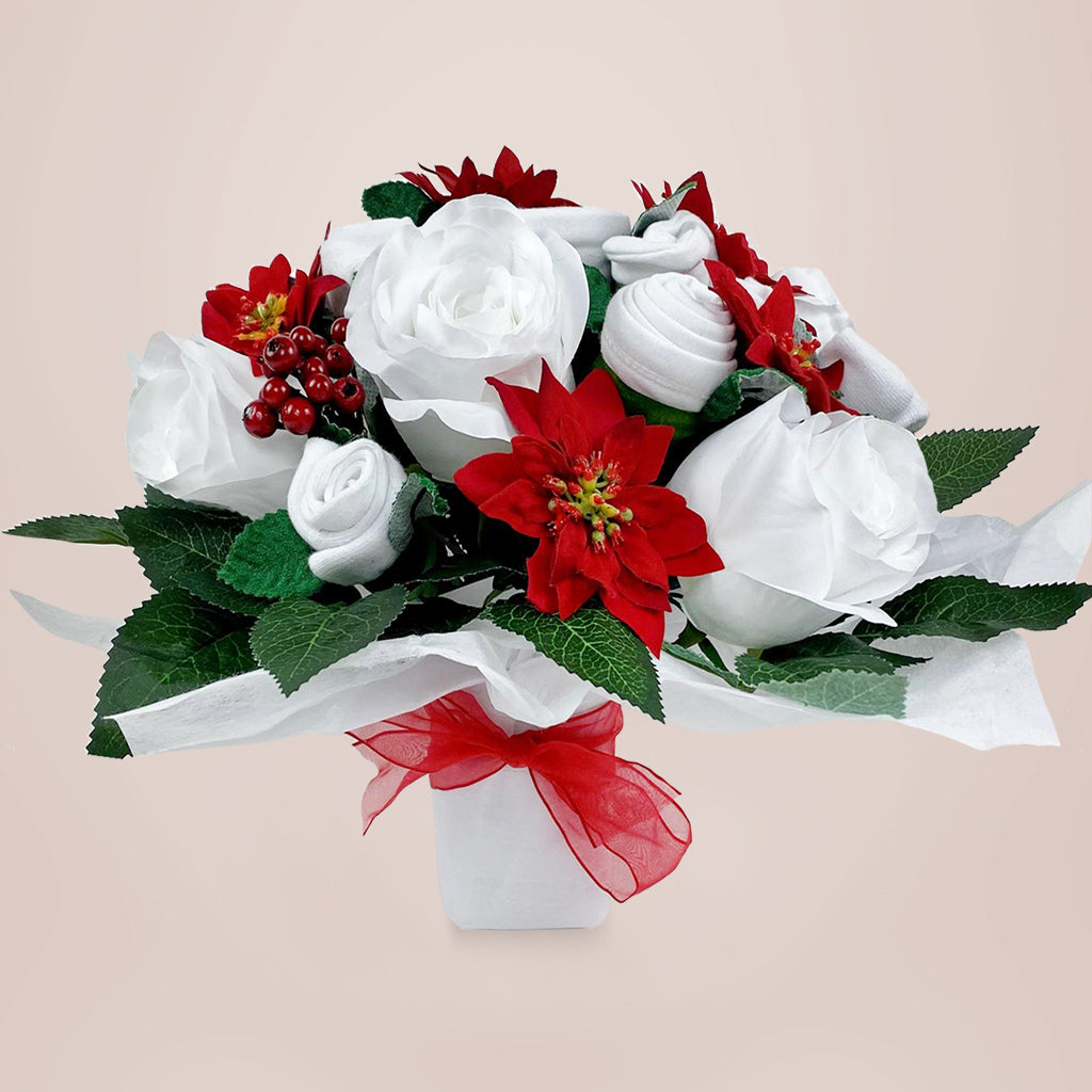 Luxury Christmas Rose Baby Clothes Bouquet with Personalized Snuggle Wrap - Grey | Perfect Baby Shower Gift & Newborn Photo Prop