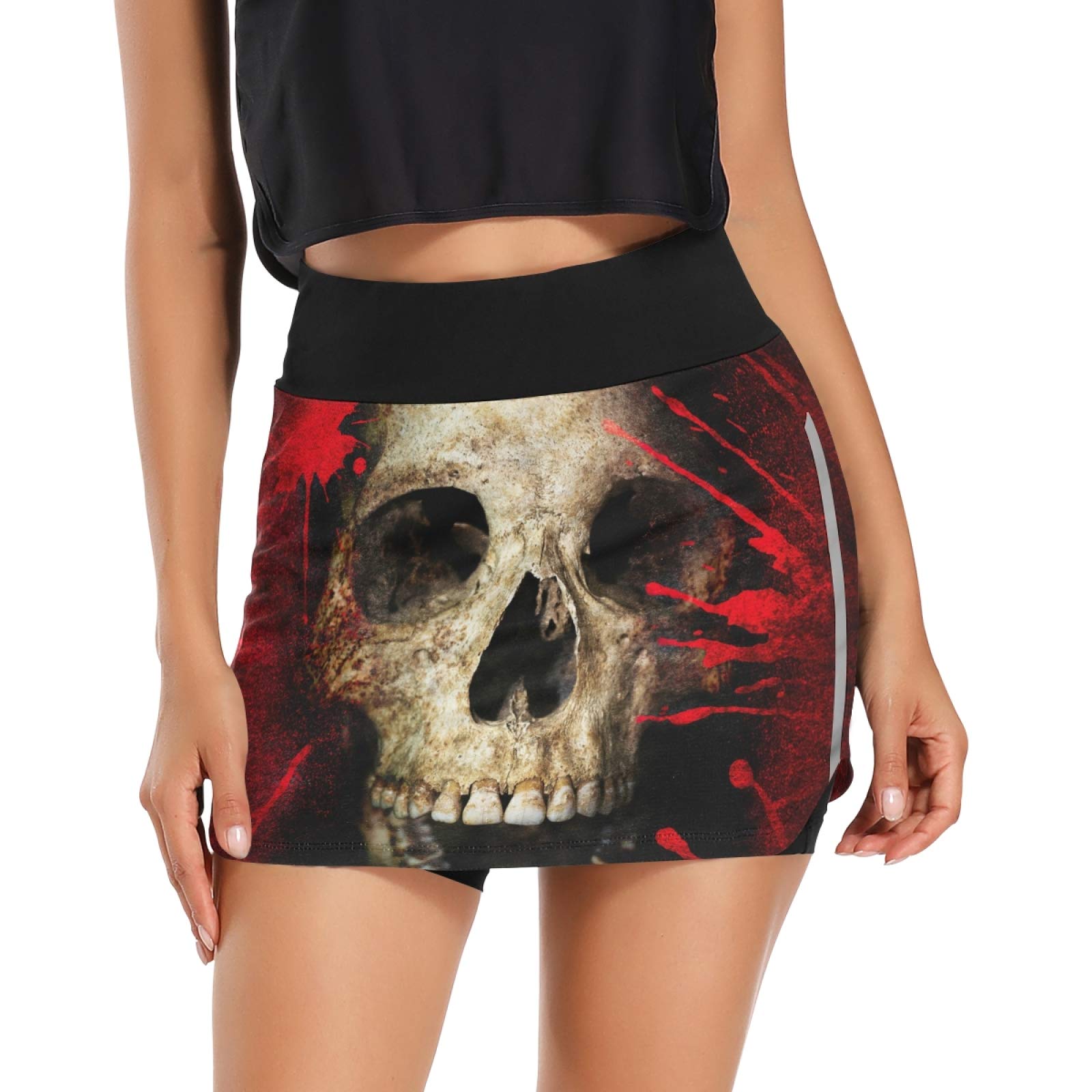 Vintage Style Women's Athletic Skorts with Skull & Blood Print - Sports Skirts with Built-in Shorts & Pockets for Tennis, Running, Golf & Workout - Perfect for Gym, Outdoor Activities & Casual Wear