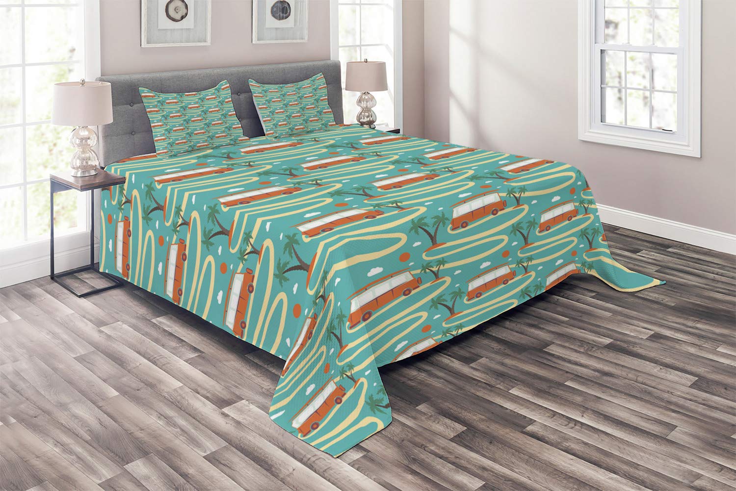 Ambesonne Happy Camper Quilt Set - Sun Palms & Road Trip Van Design, 3-Piece Summer Travel Theme Bedding (Queen Size, Seafoam & Multicolor) with 2 Pillow Shams | Perfect for Vacation Homes, Camping Enthusiasts & Travel-Inspired Bedrooms