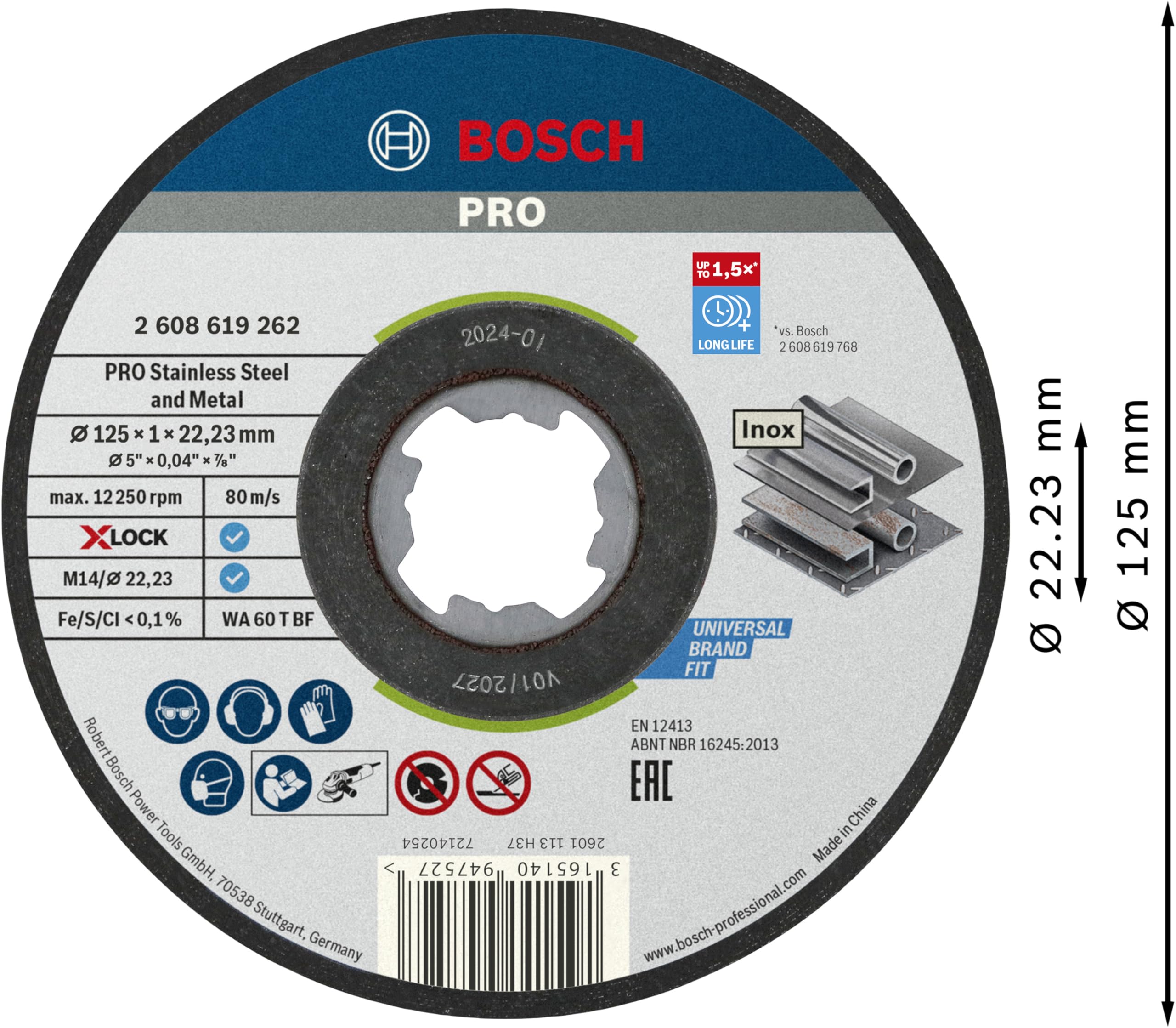 Bosch Professional X-LOCK Stainless Steel Cutting Disc - 125mm Diameter, 1mm Thickness, 22.23mm Arbor - Angle Grinder Accessory for Metalworking & DIY Projects