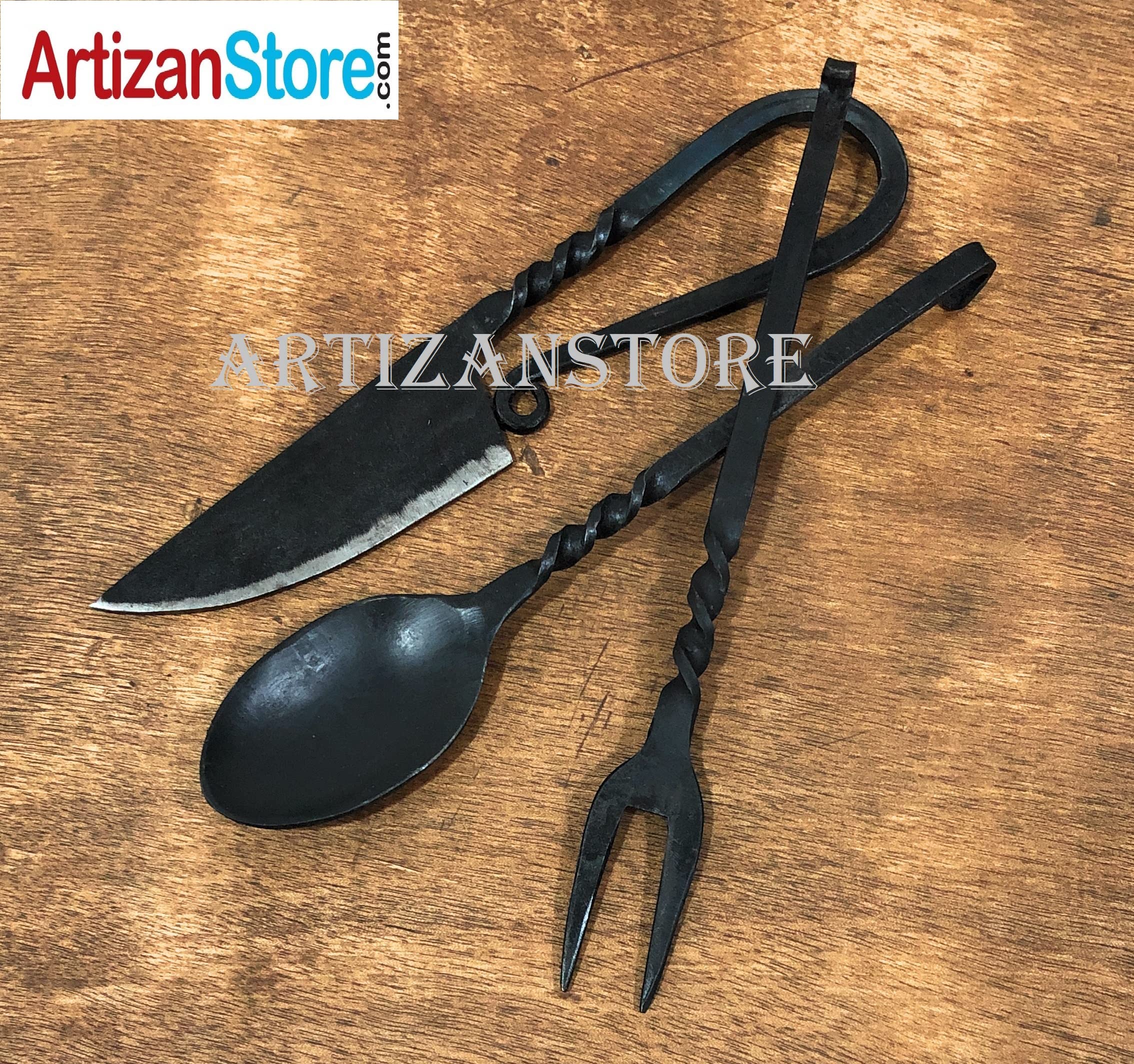 Hand-Forged Black Medieval 3-Piece Kitchen Utensil Set - Viking Cutlery with Knife, Spoon & Fork - Rustic Dinnerware for Home, Restaurant & Camping - Durable Kitchen Tools & Outdoor Essentials