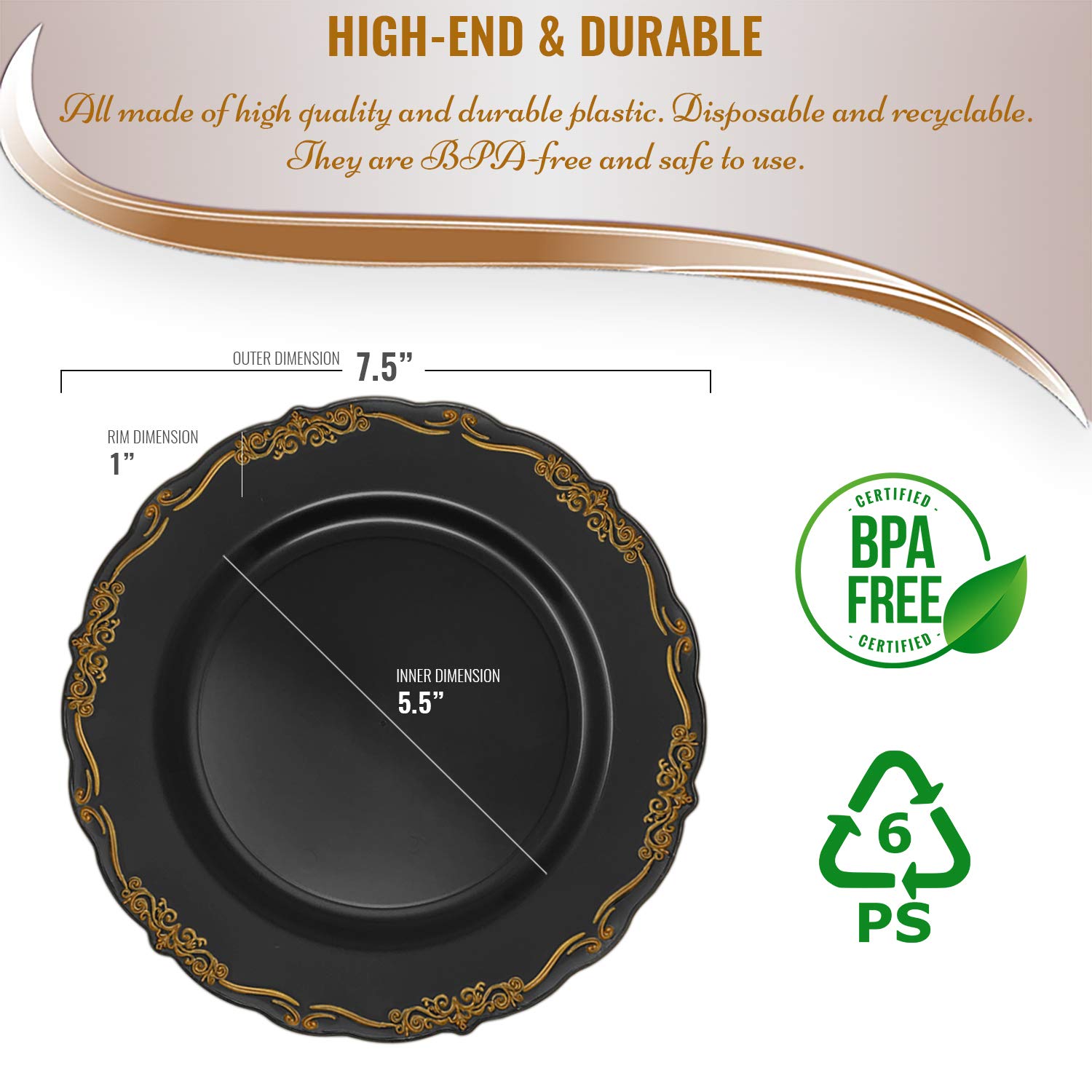 Elegant Disposable Plastic Plates for Party - Black & Gold, 120 Pack (7.5