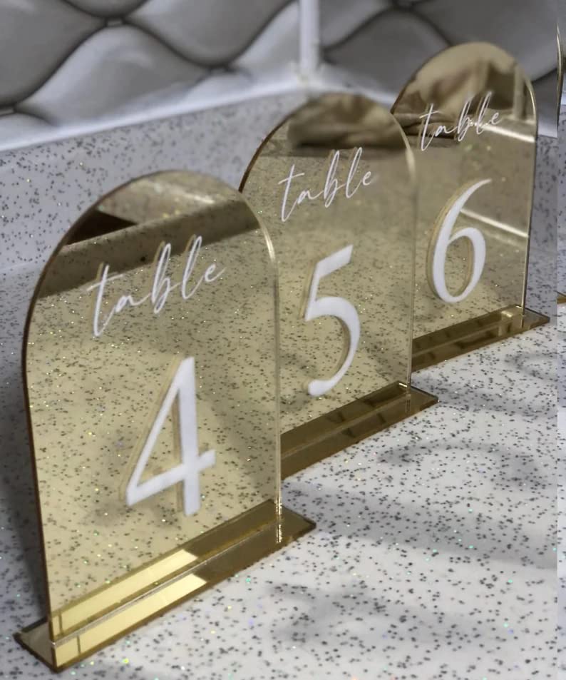 Custom Arched Golden Table Numbers with Stands - Gold Mirror Wedding Table Signs for Reception Decor (1-15, 12x18cm, Mirror Gold) | Elegant Table Decor for Weddings, Parties & Special Events