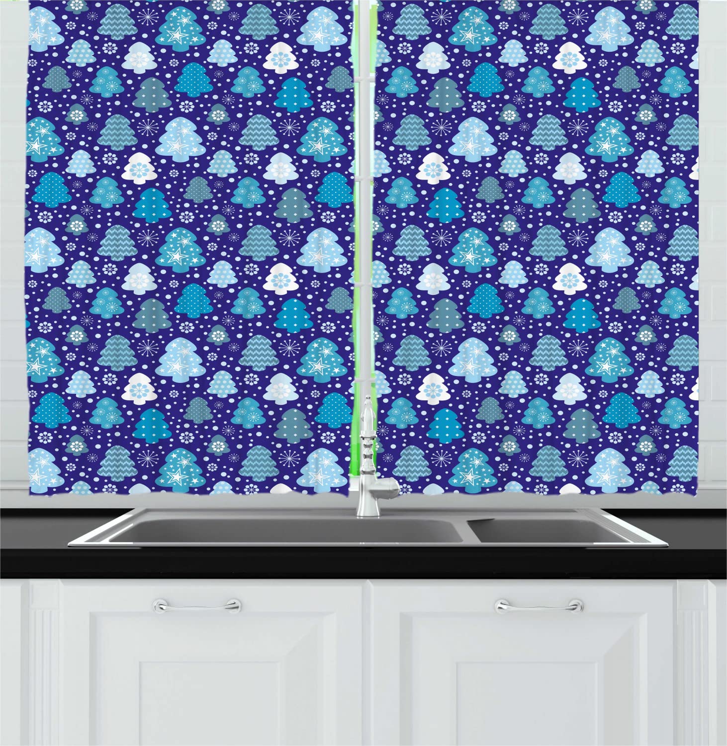 Ambesonne Winter Long Kitchen Curtains - Snowflake & Christmas Pine Tree Silhouette Design, 2 Panel Rod Pocket Drapes for Holiday Decor, 55