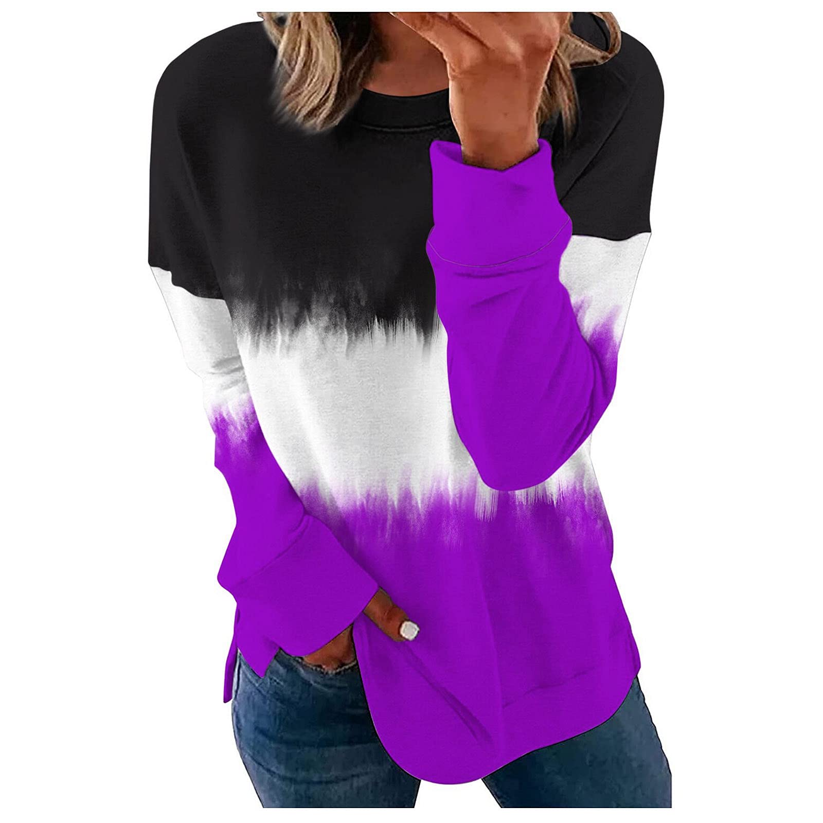 Women's Long Sleeve Pullover Blouse with Geometric Stitching & Contrast Colors - Soft Cotton Pajama Top for Lounge Wear, Sleepwear & Cozy Home Outfits