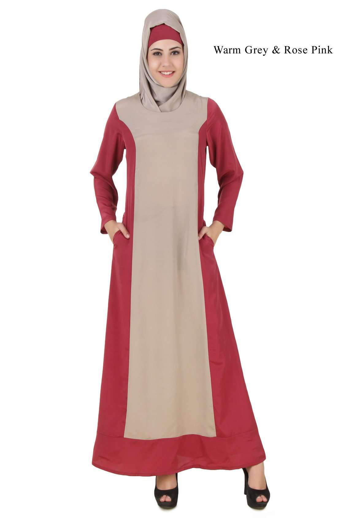 Arshi Slim Fit Rose Pink & Warm Grey Abaya - Elegant Muslim Dress for Women | Perfect for Prayer, Mosque & Special Occasions