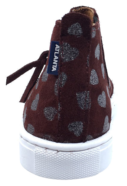 **Girl's High Top Sneakers - Atlanta Moccasin Style, Burgundy Heart Print Suede with Side Zip | Cute & Comfortable for School, Play & Everyday Wear**