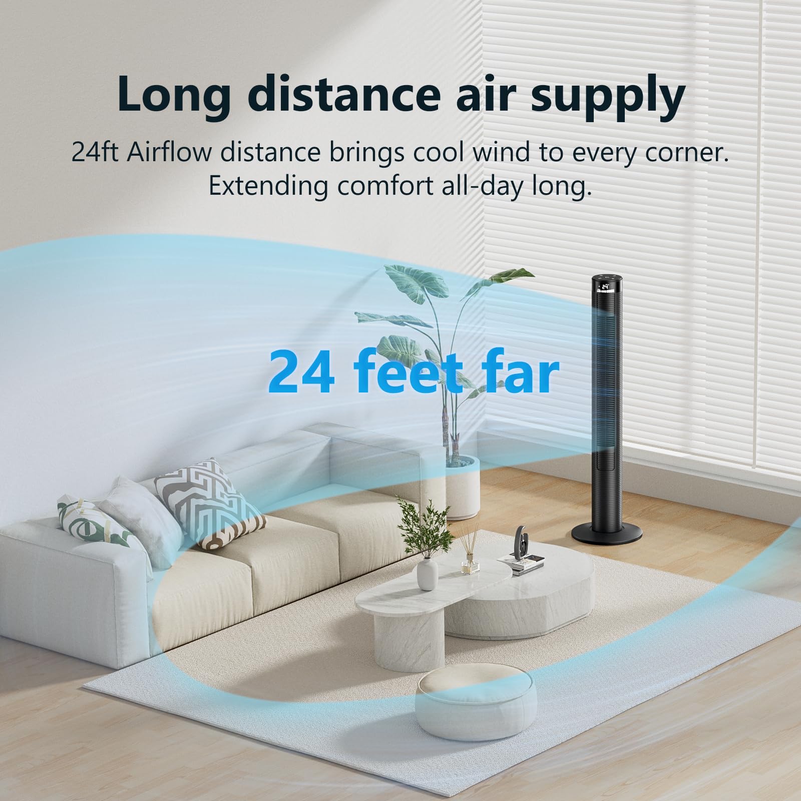 46 Inch CIH Tower Fan - Powerful 24ft/s Velocity, Quiet Oscillating Bladeless Floor Fan with Remote Control, 3 Speed Modes, LED Display & 7.5H Timer - Ideal for Home, Bedroom, Office & Indoor Cooling (Black)