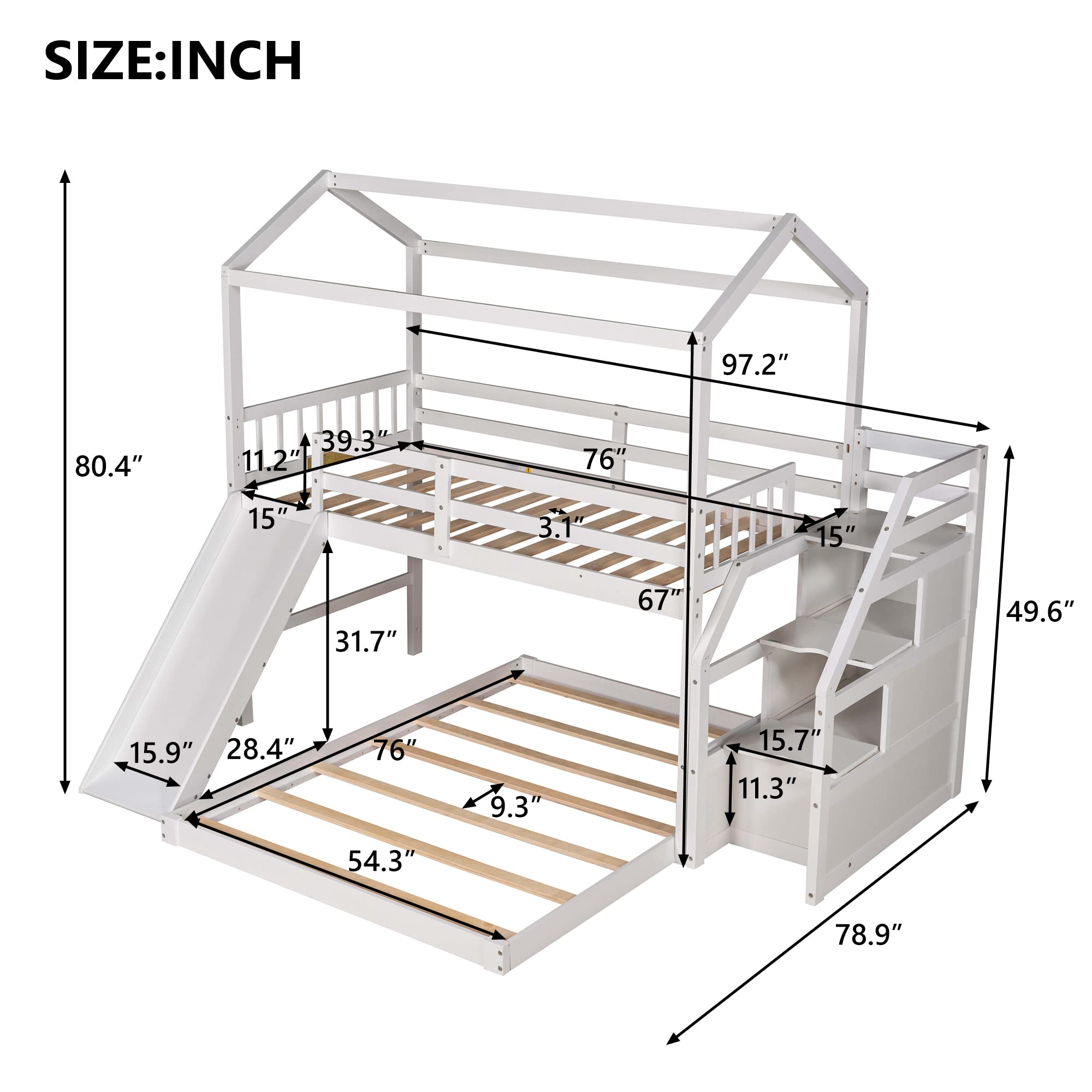 LZ LEISURE ZONE Twin Over Full Bunk Bed with Slide & Storage Stairs - Convertible Wooden House Bunk Bed Frame for Kids, Teens & Adults - Safe Full-Length Guardrail - Perfect for Small Bedrooms, Guest Rooms & Vacation Homes (White)