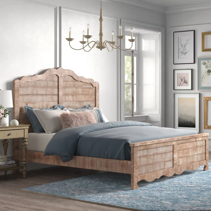 French Arched Solid Wood Rustic King Size Bed Frame - Natural Finish for Farmhouse & Vintage Bedroom Decor
