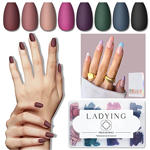 LADYING 8 Packs (192PCS) Matte Press on Nails Coffin & Almond Shape Fake Nails - Short & Medium Acrylic False Nails with Rainbow French Designs, Includes Nail Glue for Women | Perfect for Parties, Weddings, Daily Wear & Nail Art DIY
