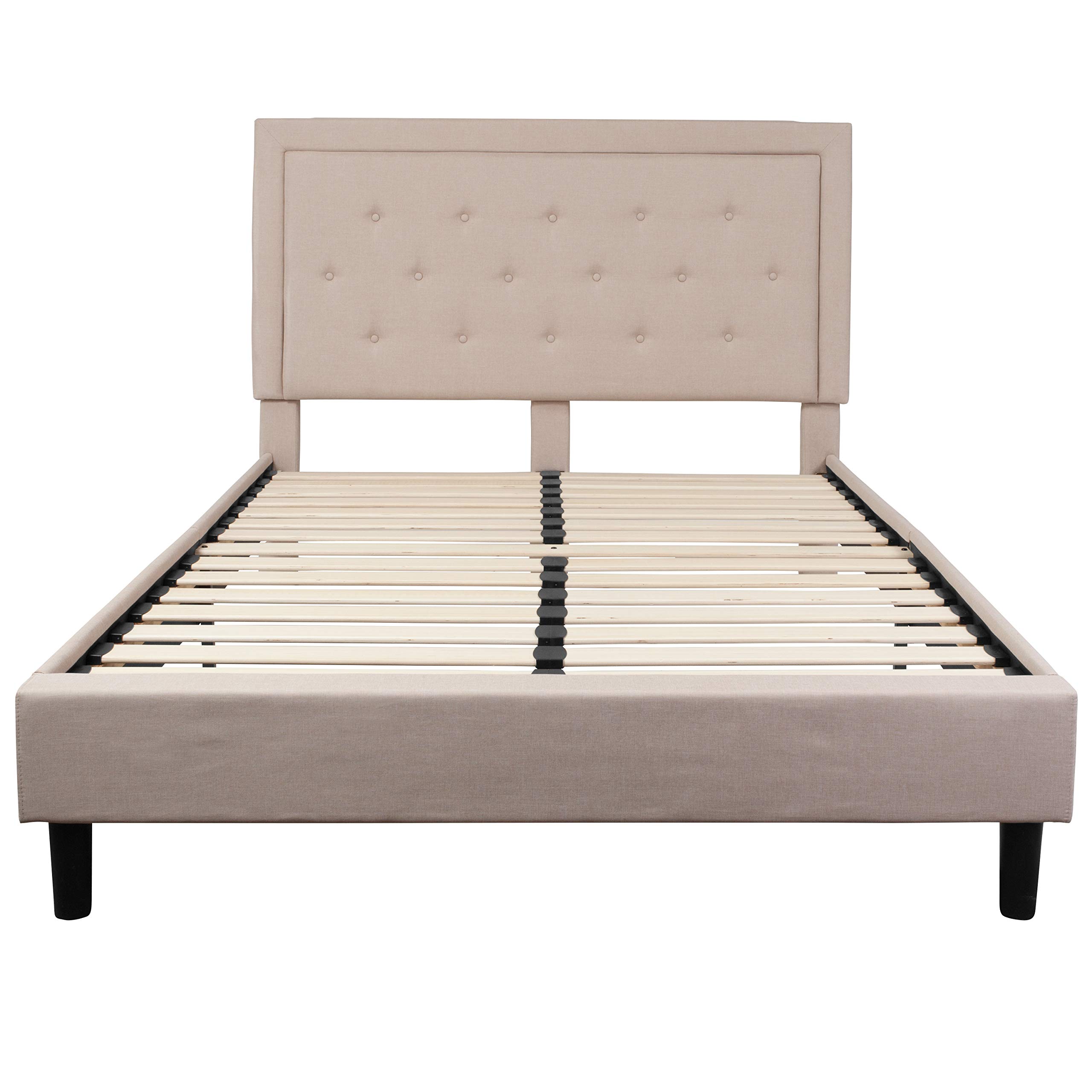 Merrick Lane Mallory Queen Size Upholstered Platform Bed with Tufted Headboard - Beige Fabric Bed Frame for Modern Bedroom Decor