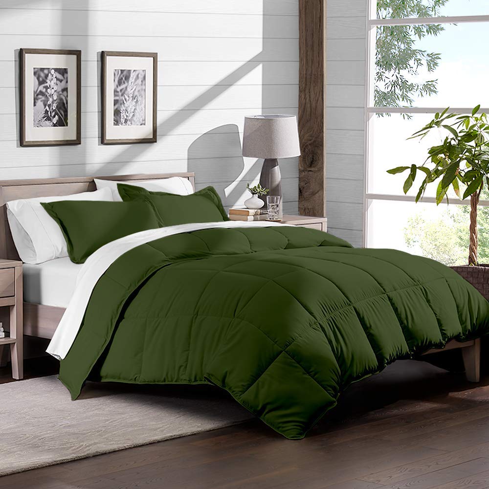 Organic Cotton 3-Piece Comforter Set - 500 GSM Quilted Duvet Insert with 2 Pillow Shams | Lightweight Down Alternative Bedding | Moss Green King/Cal King Size | Perfect for All-Season Comfort in Master Bedroom or Guest Room