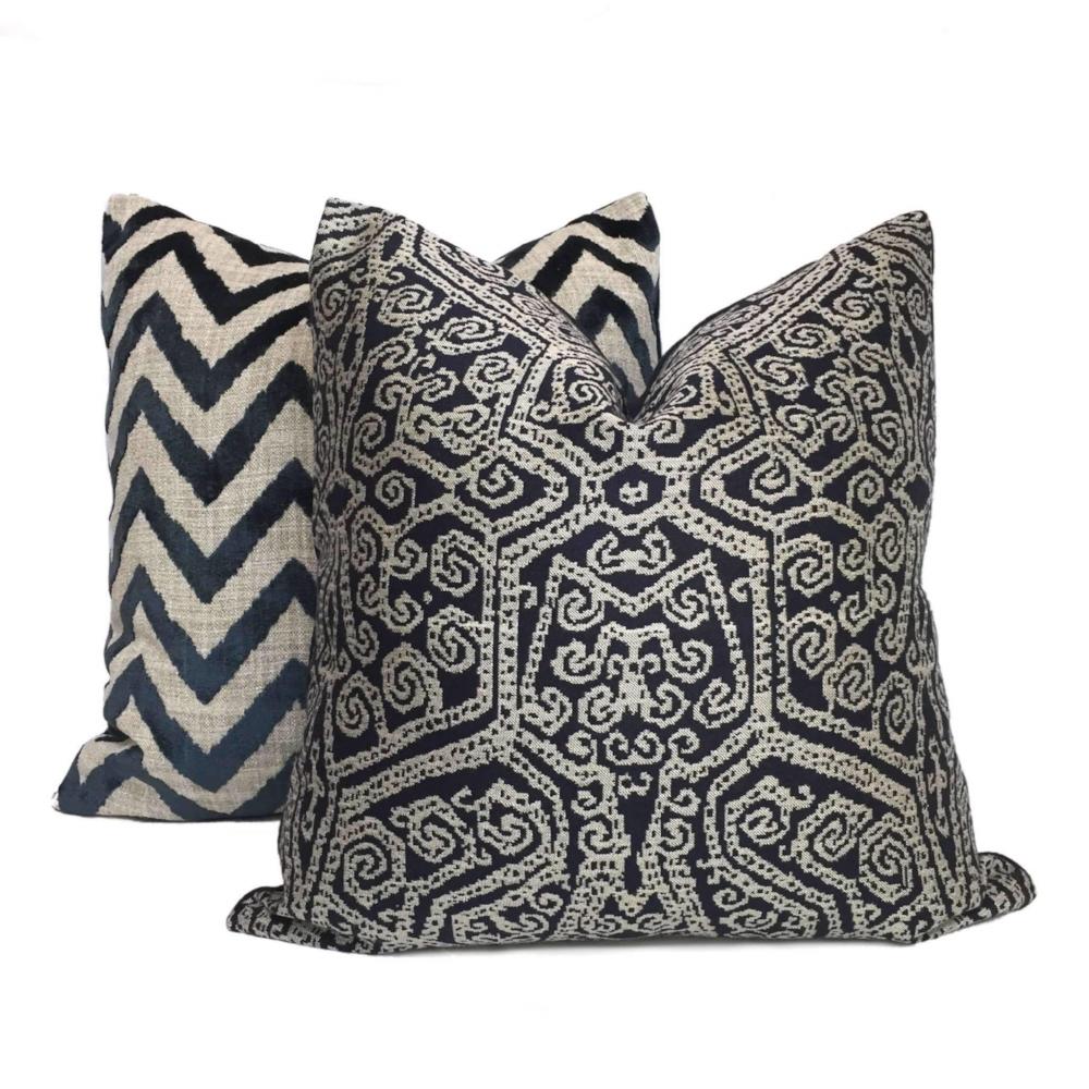 Luxury Navy Blue Velvet Ikat Chevron Decorative Throw Pillow Cover - Elegant Home Decor for Sofa, Bed & Living Room