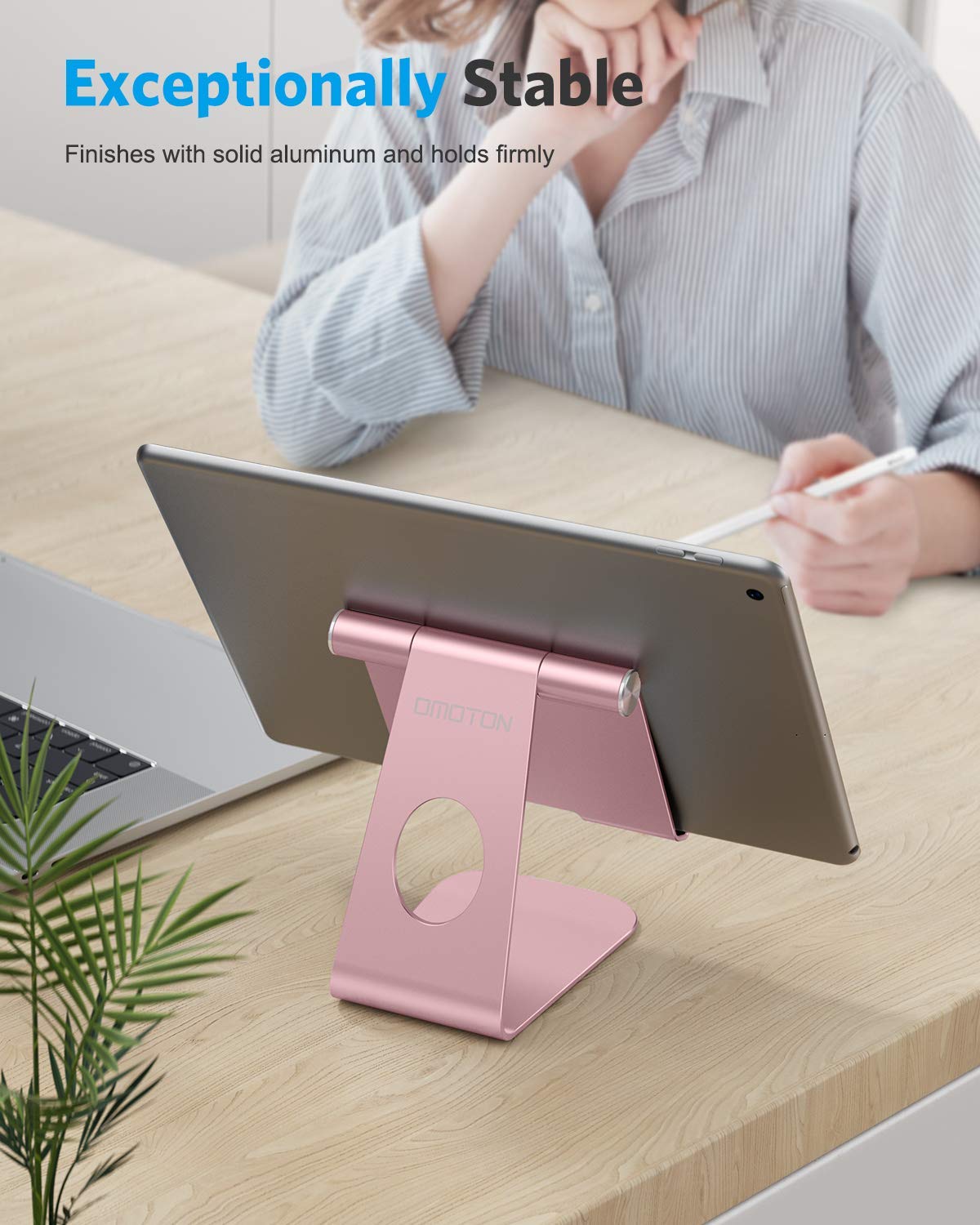 OMOTON Adjustable Aluminum Tablet Stand - Durable Desktop Holder for iPad 10.9/10.2, iPad Pro 13/12.9/11, iPad Air 6/5/Mini & Samsung Tablets Up to 13 inch (Rose Gold) - Perfect for Home Office, Kitchen, Bedroom & Travel Use