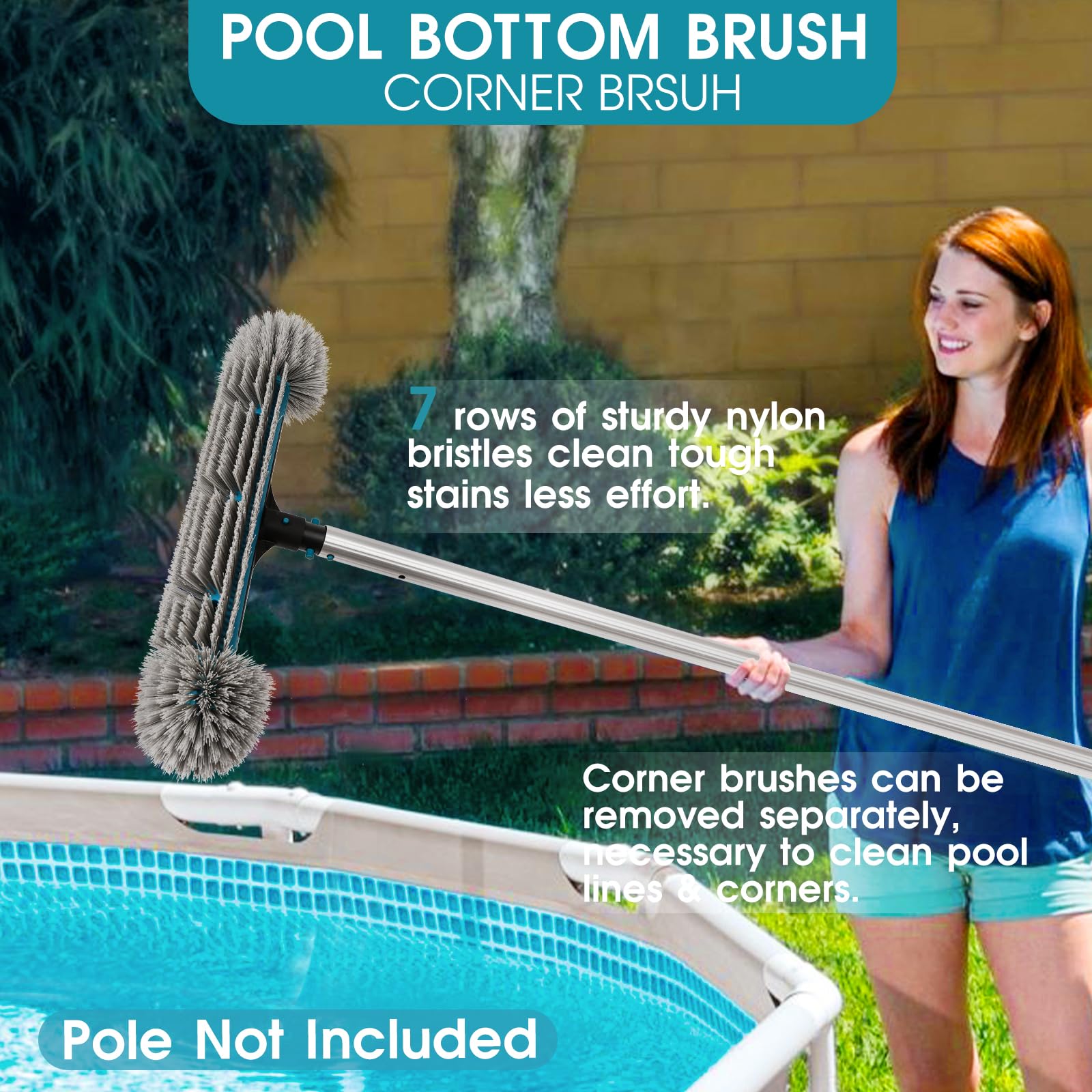 20'' Pool Brush Head with Durable Nylon Bristles - Detachable Swimming Pool Cleaning Brush for Walls, Steps & Corners - EZ Clip Aluminum Handle - Perfect for Inground & Above Ground Pools