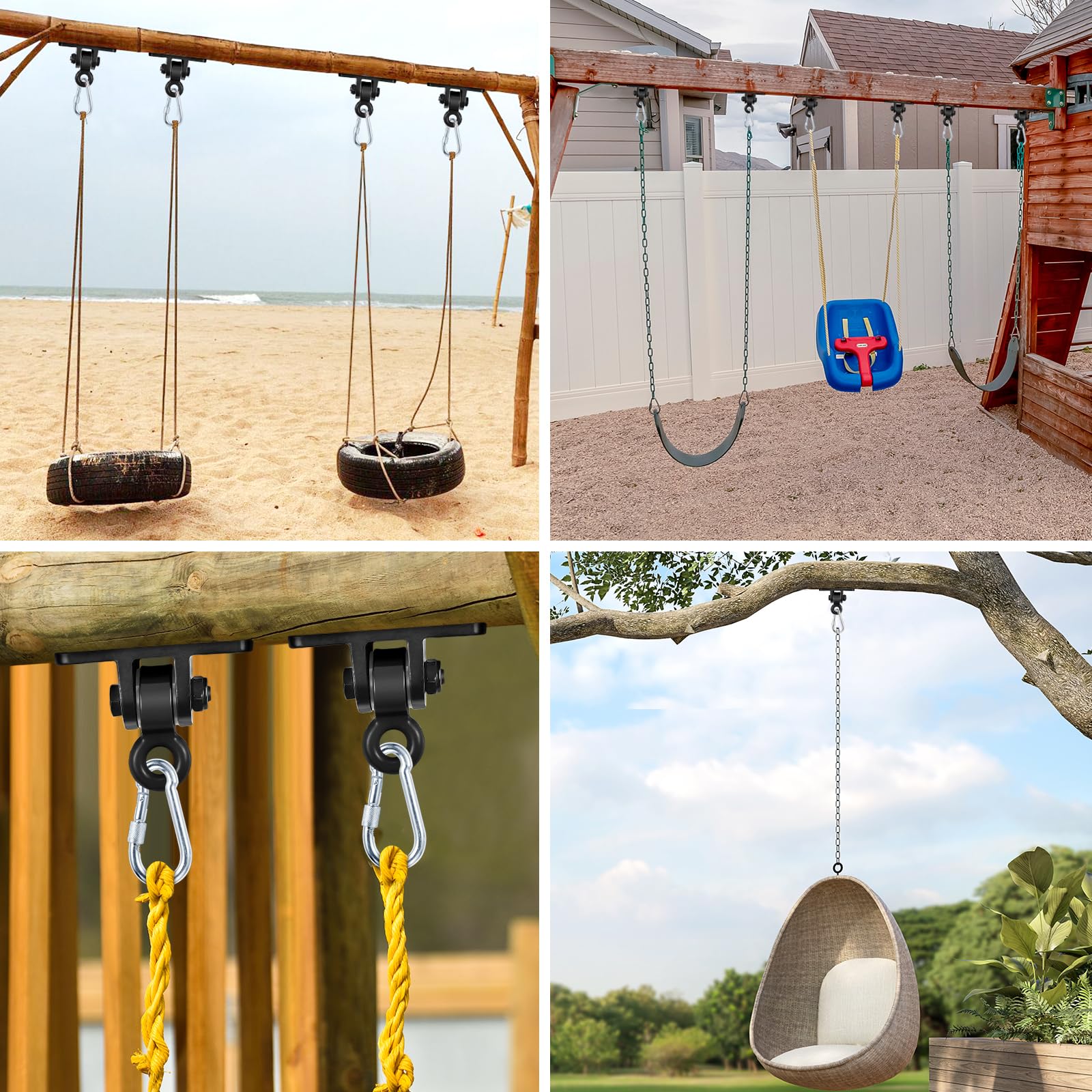 Heavy Duty Swing Hangers for Wooden Swing Sets - 4 Pack Black Metal Hanging Hardware with Snap Hooks - Indoor/Outdoor Playground, Porch, Backyard, Treehouse Use - Weather Resistant & Durable Swing Accessories