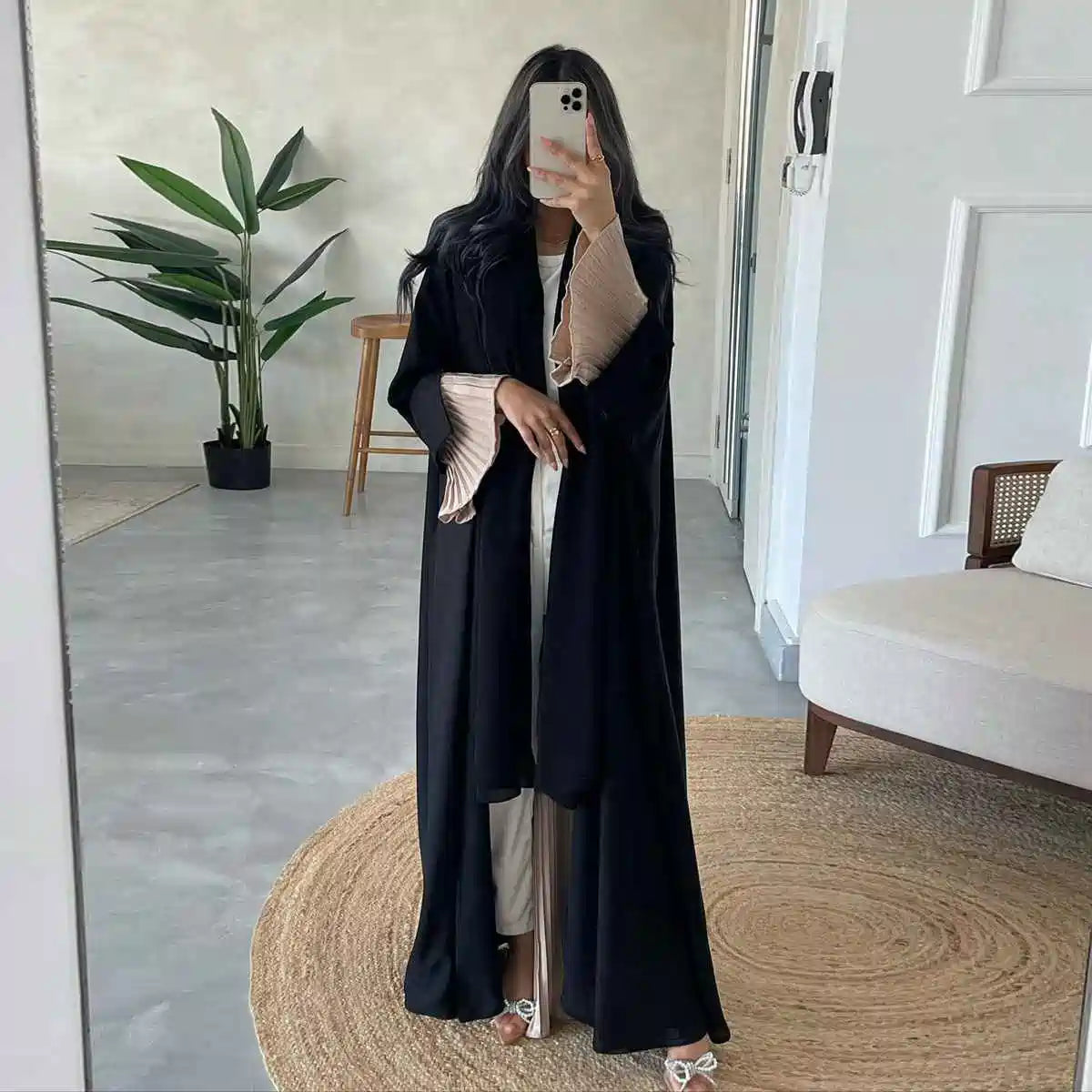 Urgarment Pleated Wrinkle-Resistant Cardigan Open Abaya Dress #25185 - Elegant Muslim Women's Outerwear for Prayer, Modest Fashion & Special Occasions