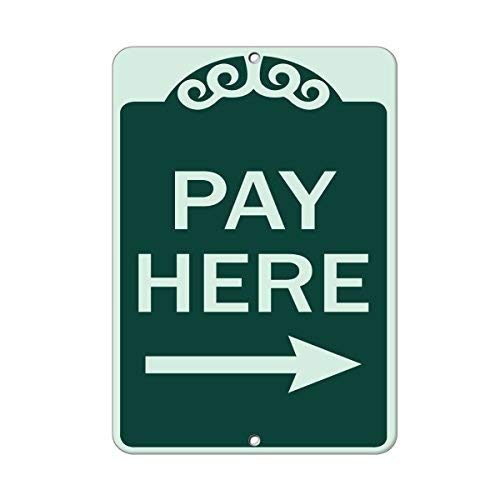 Vintage Metal Pay Here Arrow Sign - 8x12 Inch Rustic Aluminum Business Sign for Cashier Counter, Retail Store & Cafe Decor