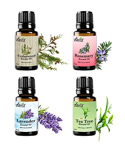 Premium Tavis Essential Oils Set - Cedarwood, Lavender, Rosemary & Tea Tree Oil for Aromatherapy, Skin Care & Relaxation | Natural Therapeutic Grade for Diffusers, Massage & DIY Beauty Products