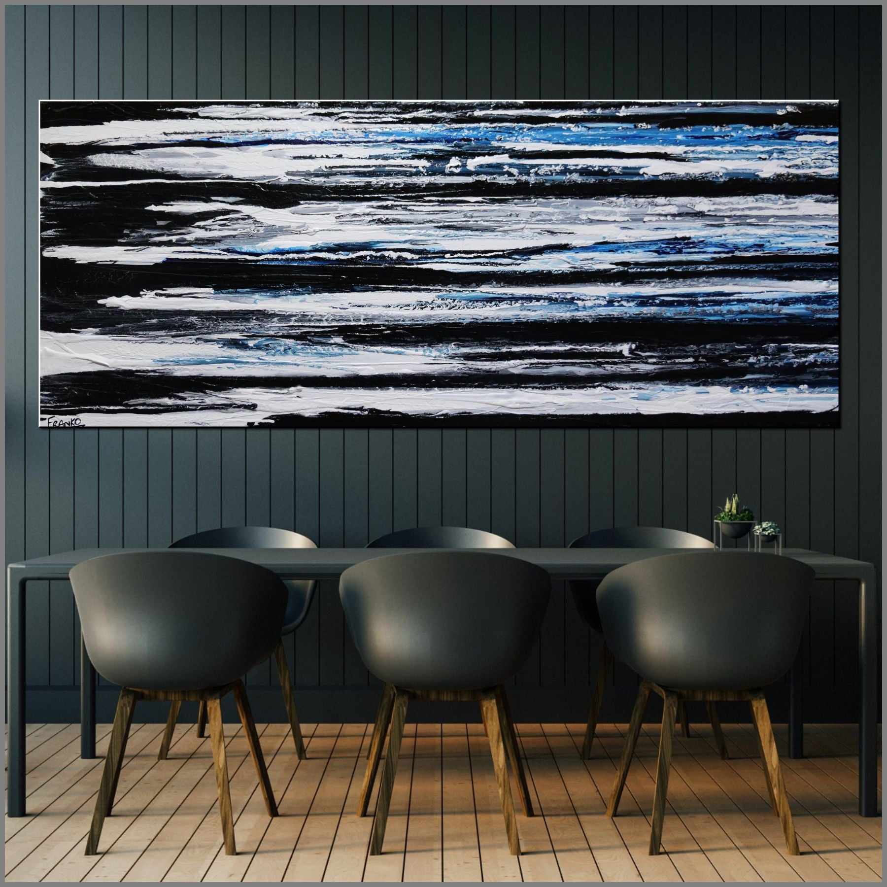 Arctic Prush 200cm x 80cm Black White Blue Textured Abstract Canvas Art - Modern Wall Decor for Living Room, Bedroom & Office