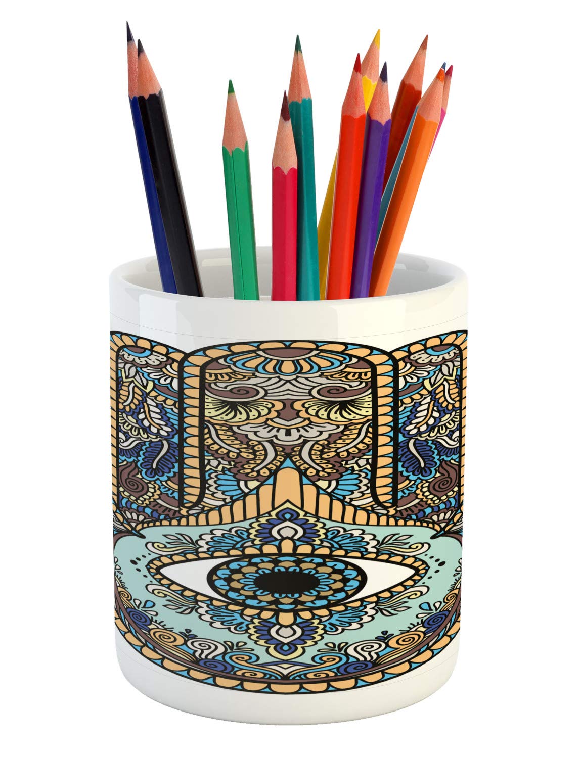 Lunarable Hamsa Hand Ceramic Pen Holder - Vintage Bohemian Zentangle Art with All Seeing Eye Design - Multicolor Office Desk Organizer for Pencils, Pens & Stationery | Perfect for Home Office, Study & Gift Giving