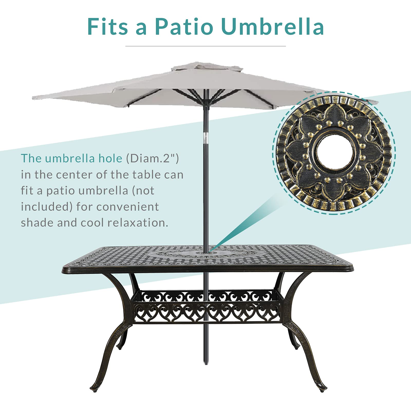 MEETWARM 60-Inch Outdoor Rectangular Dining Table - All-Weather Cast Aluminum Patio Furniture with 2-Inch Umbrella Hole in Dark Bronze - Perfect for Backyard BBQs, Poolside Gatherings & Garden Dining